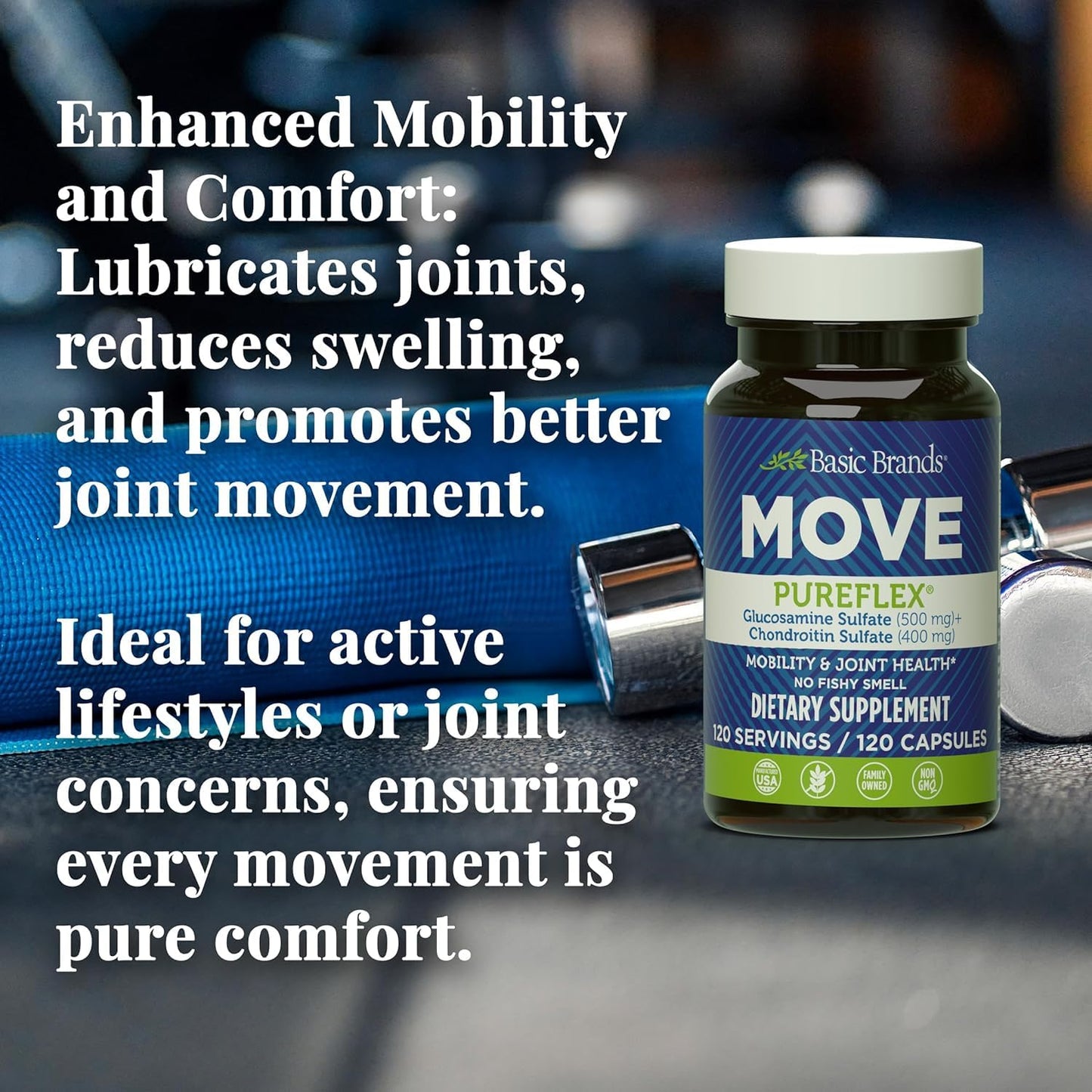 Basic Brands Move Pureflex Glucosamine Chondroitin Joint Support Supplement for Flexibility & Mobility 240 Capsules