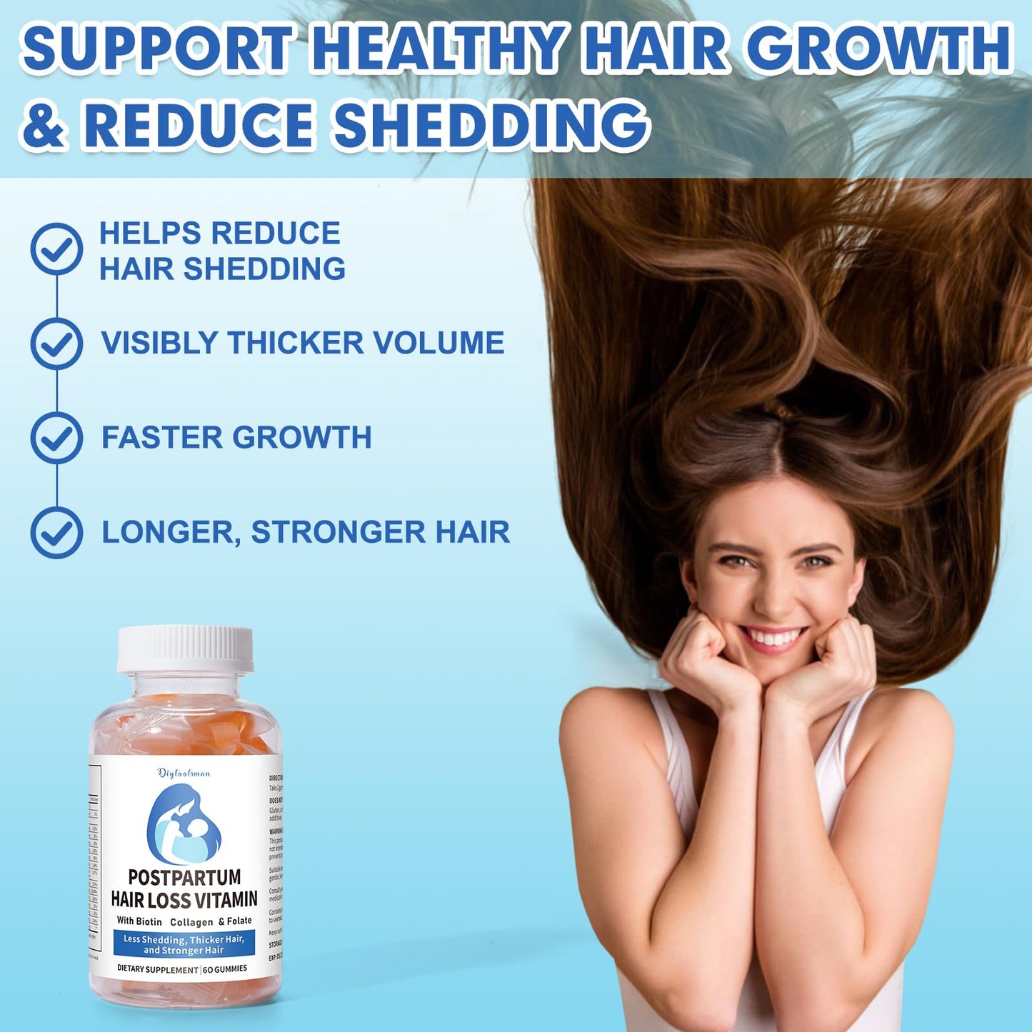 diytoolsman Postpartum Hair Loss Vitamin Gummies with Biotin, Collagen & Folate, Vegan, 60 Gummies