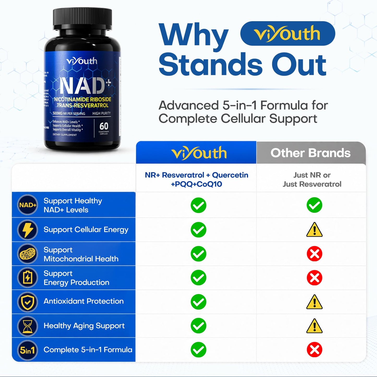 VIYOUTH NAD+ Capsule with Nicotinamide Riboside 500mg & Trans-Resveratrol – NR Supplement for Cellular Energy & Healthy Aging, 1 Count