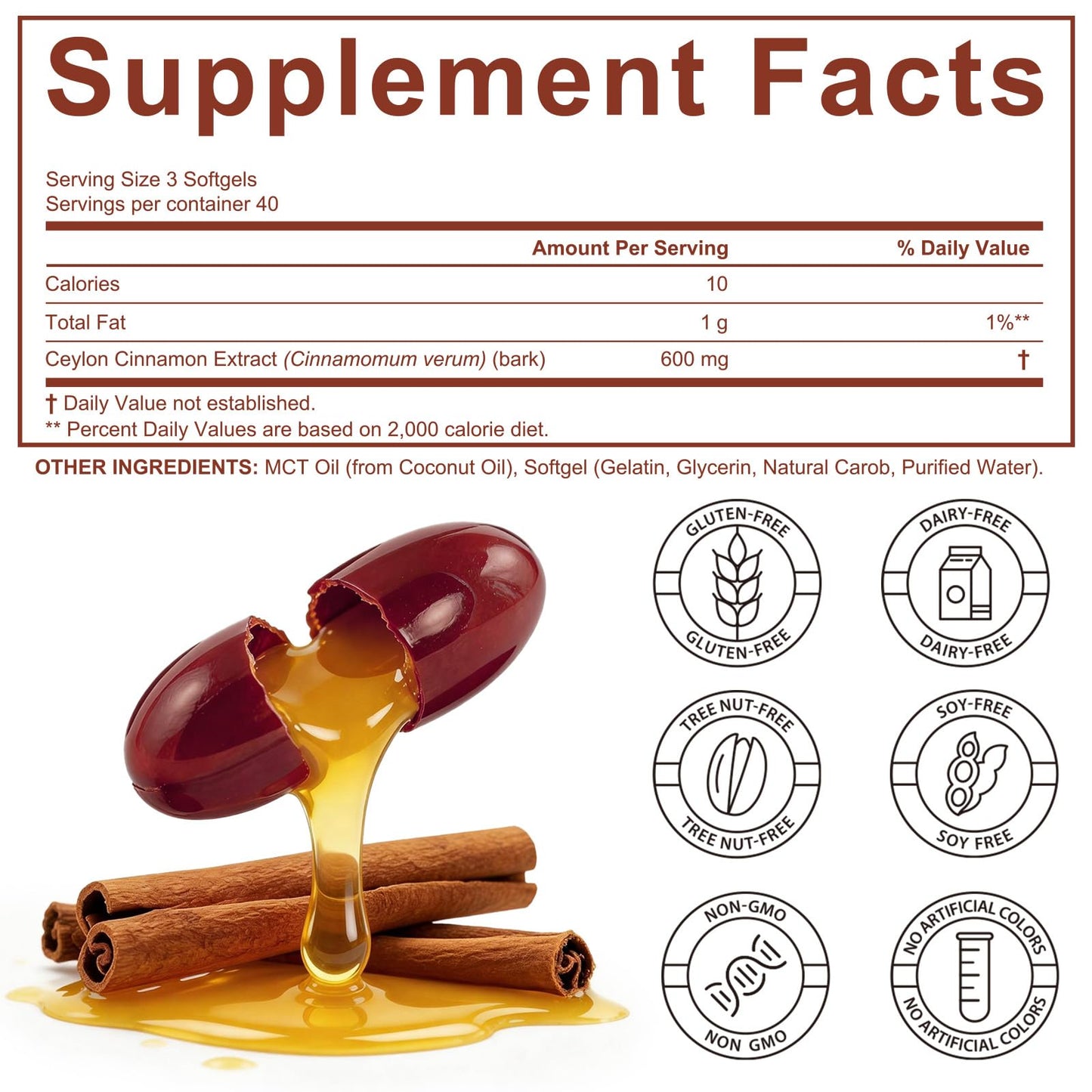 TAKNFDMY Ceylon Cinnamon Capsules with MCT Oil - 600mg True Cinnamon Extract Supports Digestive Comfort & Antioxidant - Non-GMO, Gluten-Free - 120 Capsules