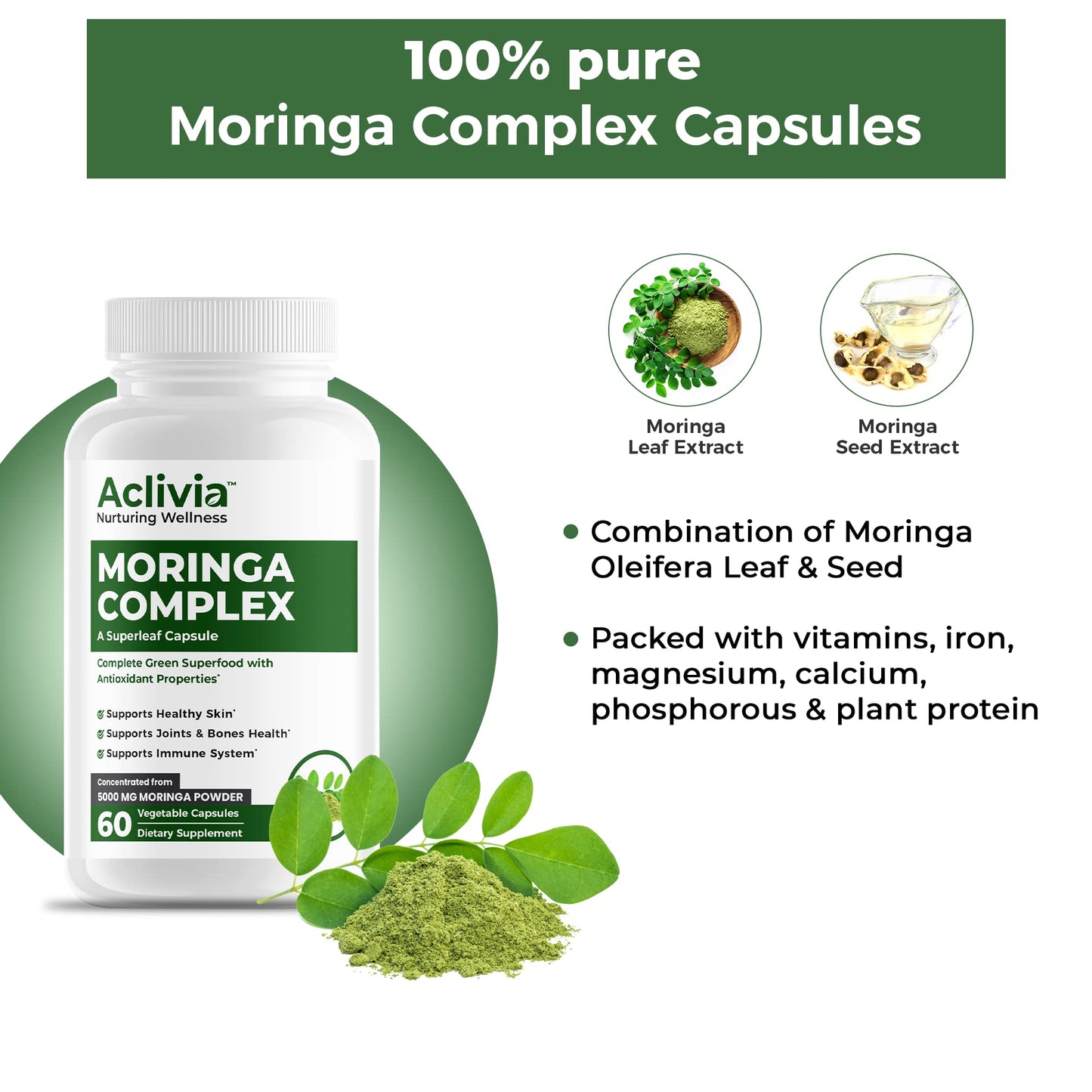 Aclivia Moringa Complex Maximum Strength Moringa Oleifera Leaf & Seed Supplement Capsules, 60 Capsules