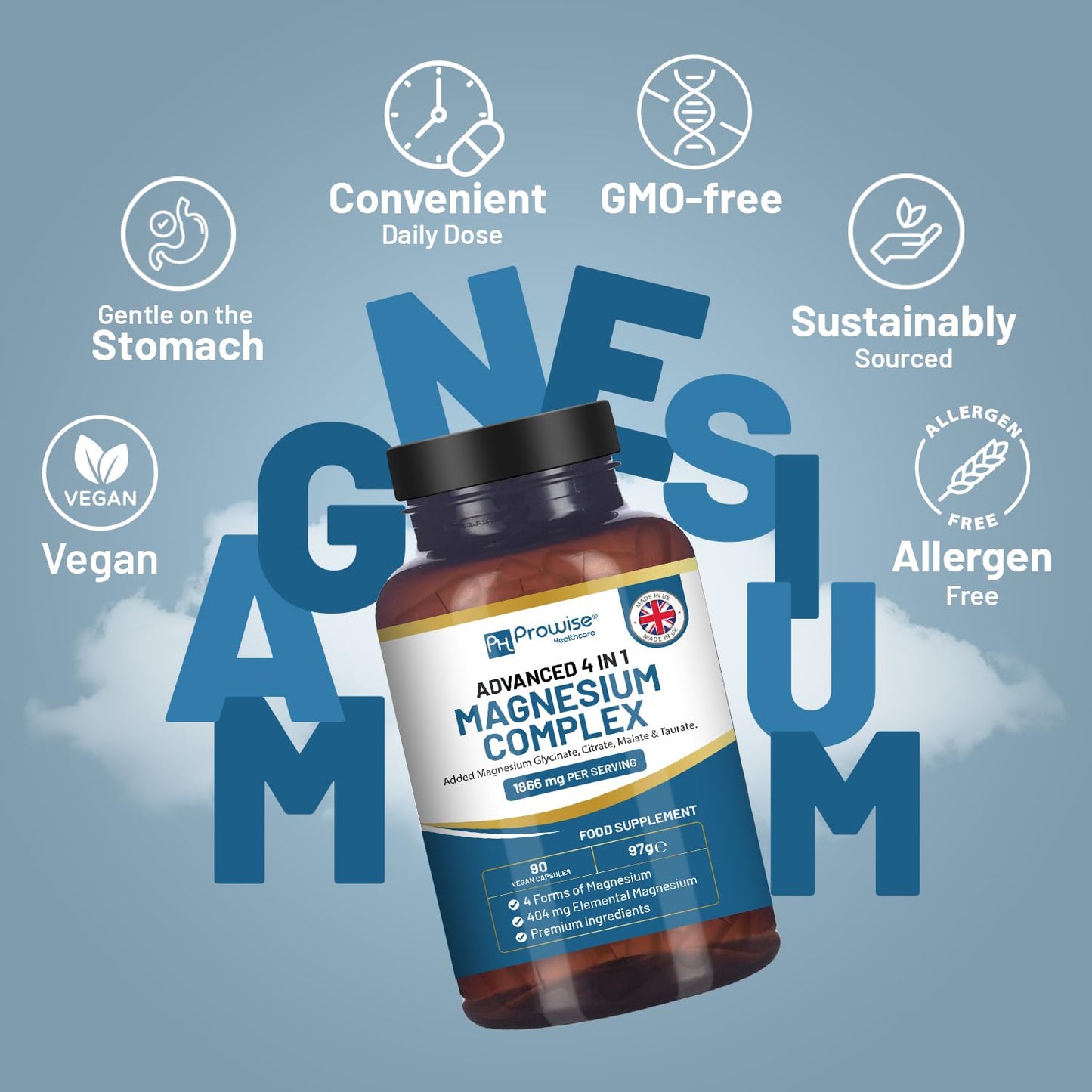 PH PROWISE Healthcare Magnesium Glycinate Complex 4 in 1 Vegan Capsules, 90