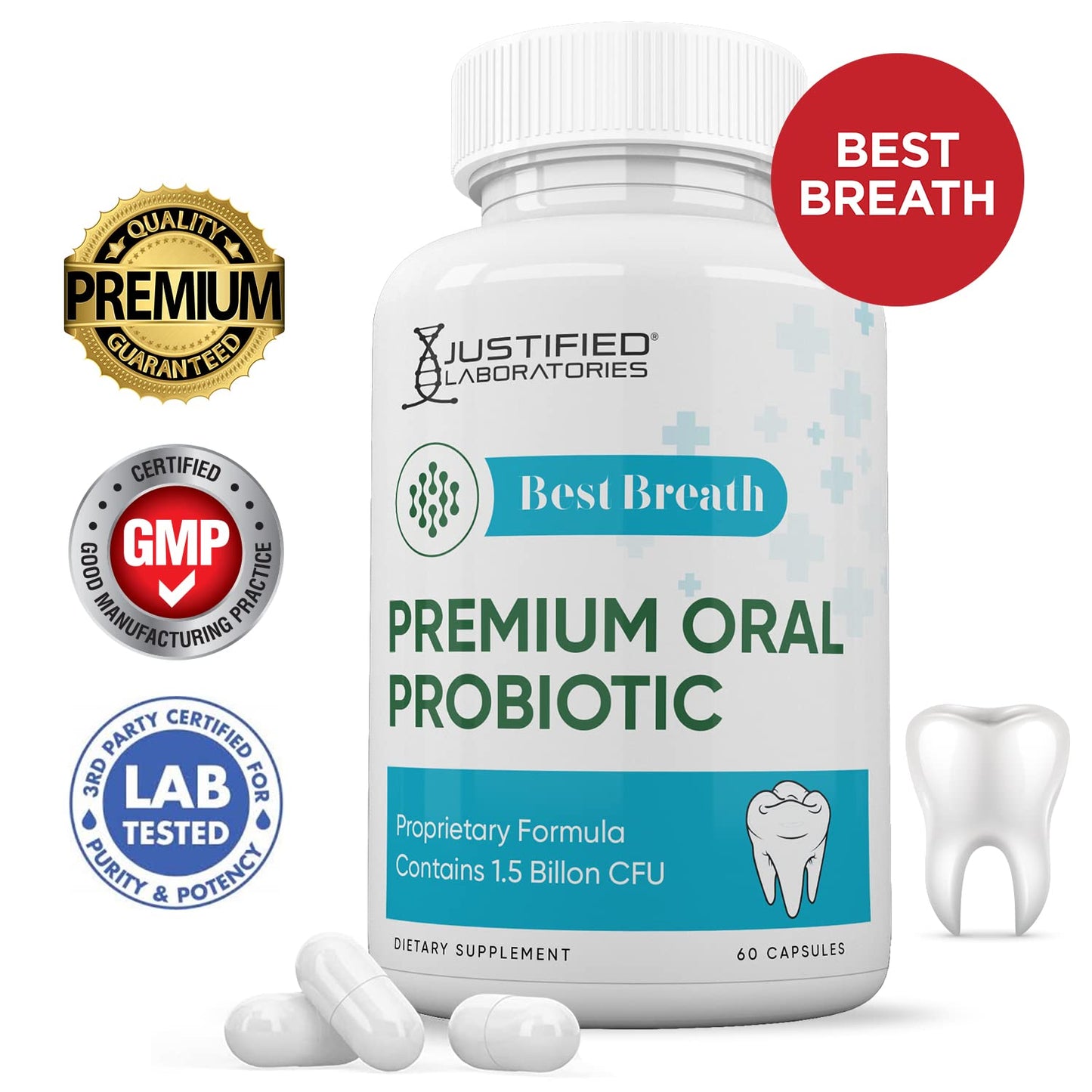 Justified Laboratories Best Breath Probiotic Capsules 1.5 Billion CFU Oral Support, 120 Capsules