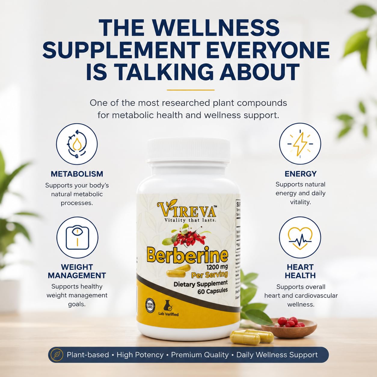 Vireva Berberine 1200 mg Capsules 60 Count