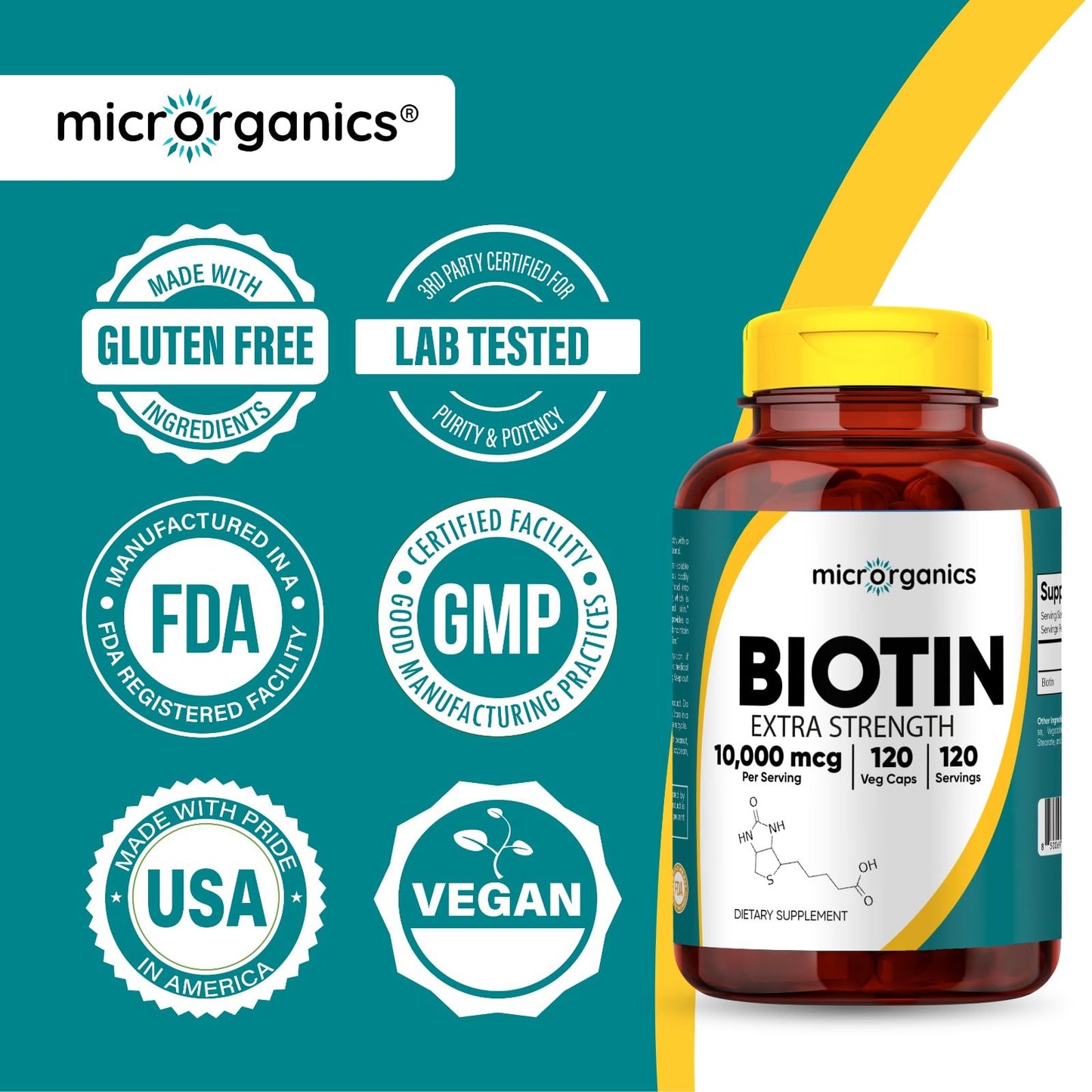 MICRORGANICS Biotin 10,000 mcg Extra Strength – Supports Hair, Skin & Nail Health, and Energy Metabolism – High Potency Vitamin B7 – 120 Vegan Capsules