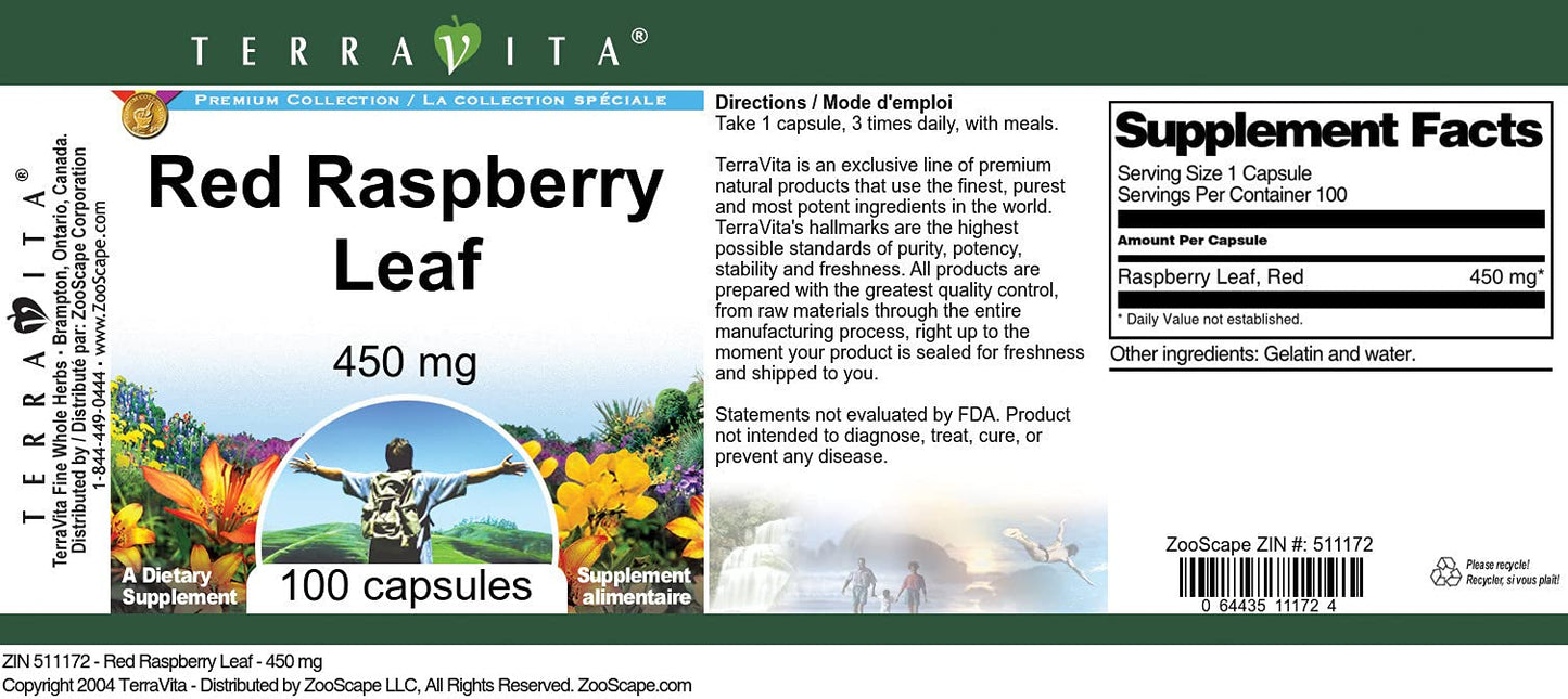 Terravita Red Raspberry Leaf 450 mg Capsules, 100 Count