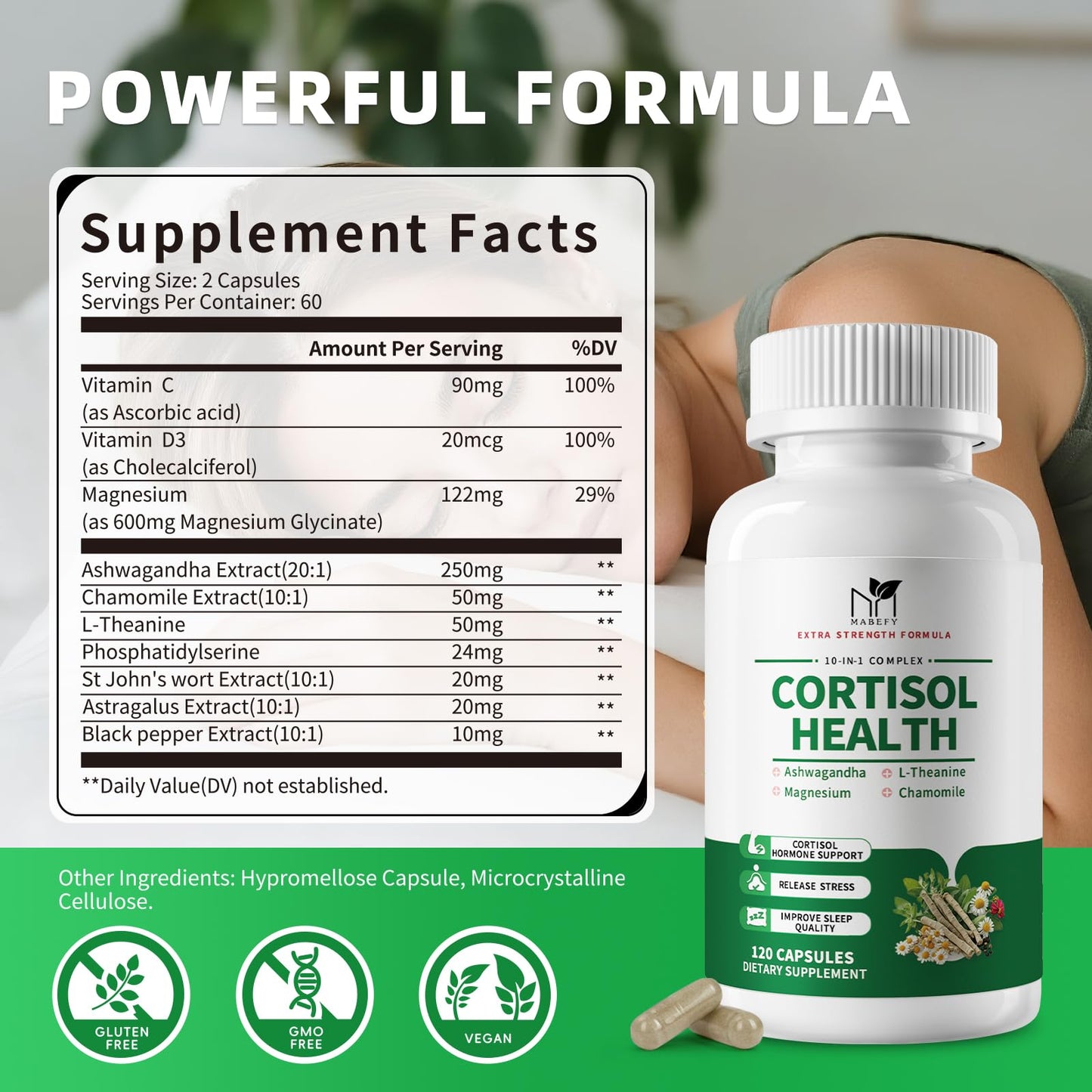 MABEFY Cortisol Supplements for Women/Men - 10 in 1 Cortisol Manager Reducer Lower Detox Balance with Magnesium, Ashwagandha, L-Theanine for Stress, Sleep, Calm, Mood Support, 60 Capsules