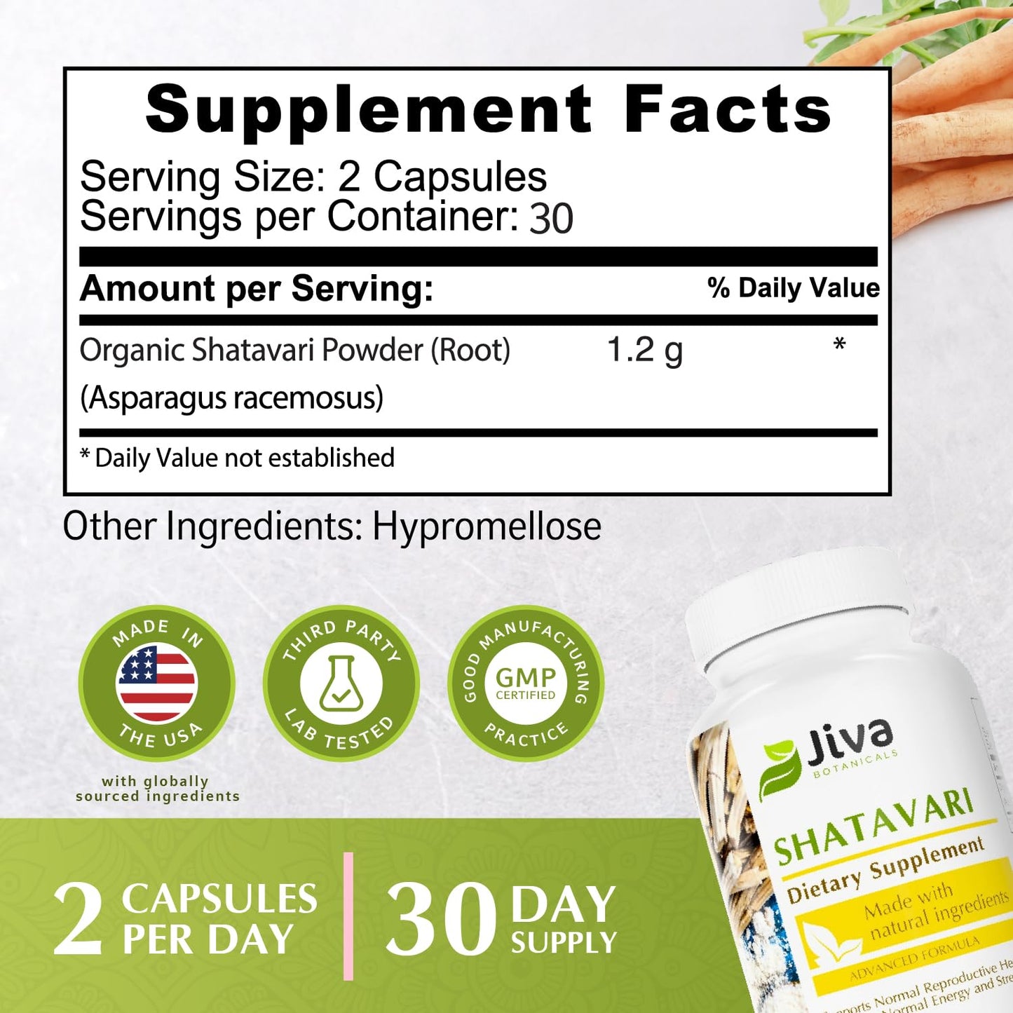 Jiva Botanicals Shatavari Capsules 1200mg Organic – 60 Count