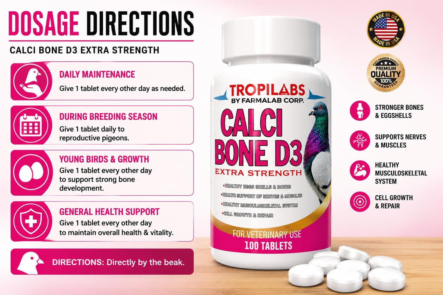 Generic Farmalab Calcium Bone D3 Extra Strength Calcium Supplement for Pigeons, 100 Tablets