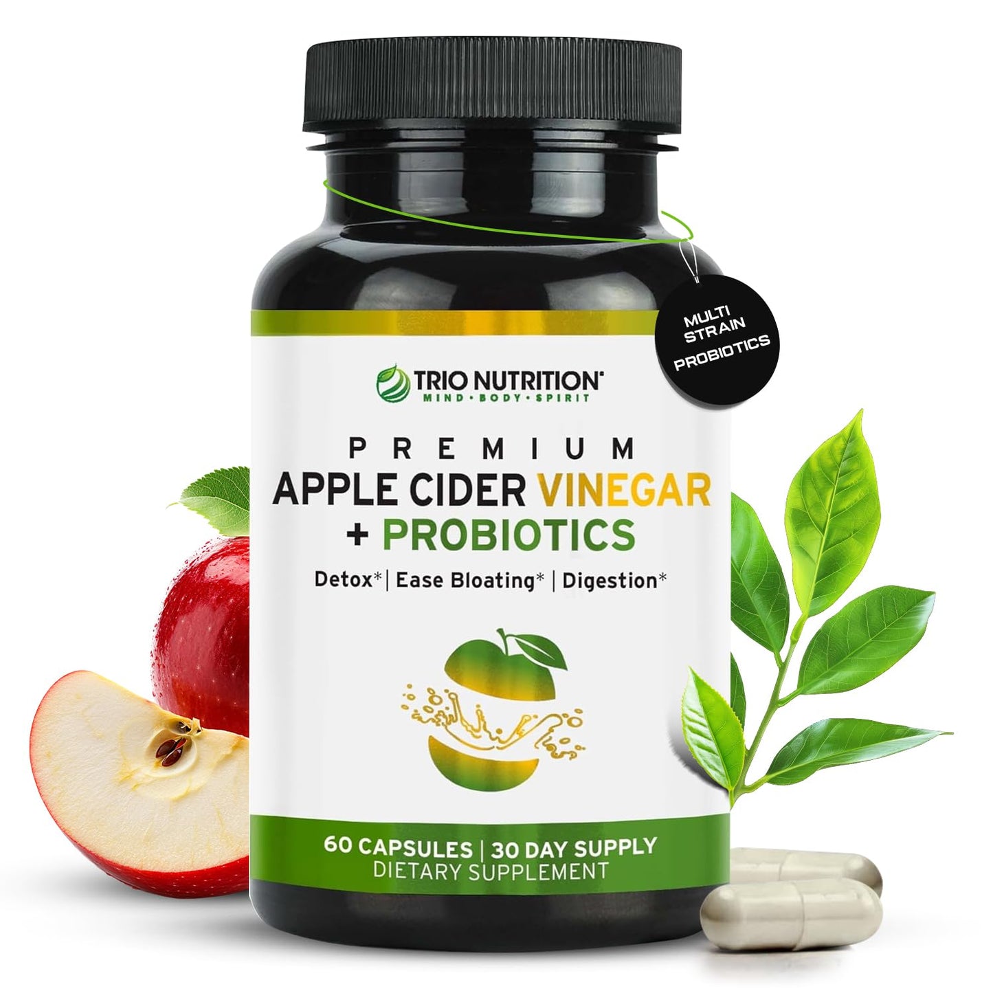 TRIO NUTRITION Apple Cider Vinegar Capsules with Multi-Strain Probiotics, 60 Count