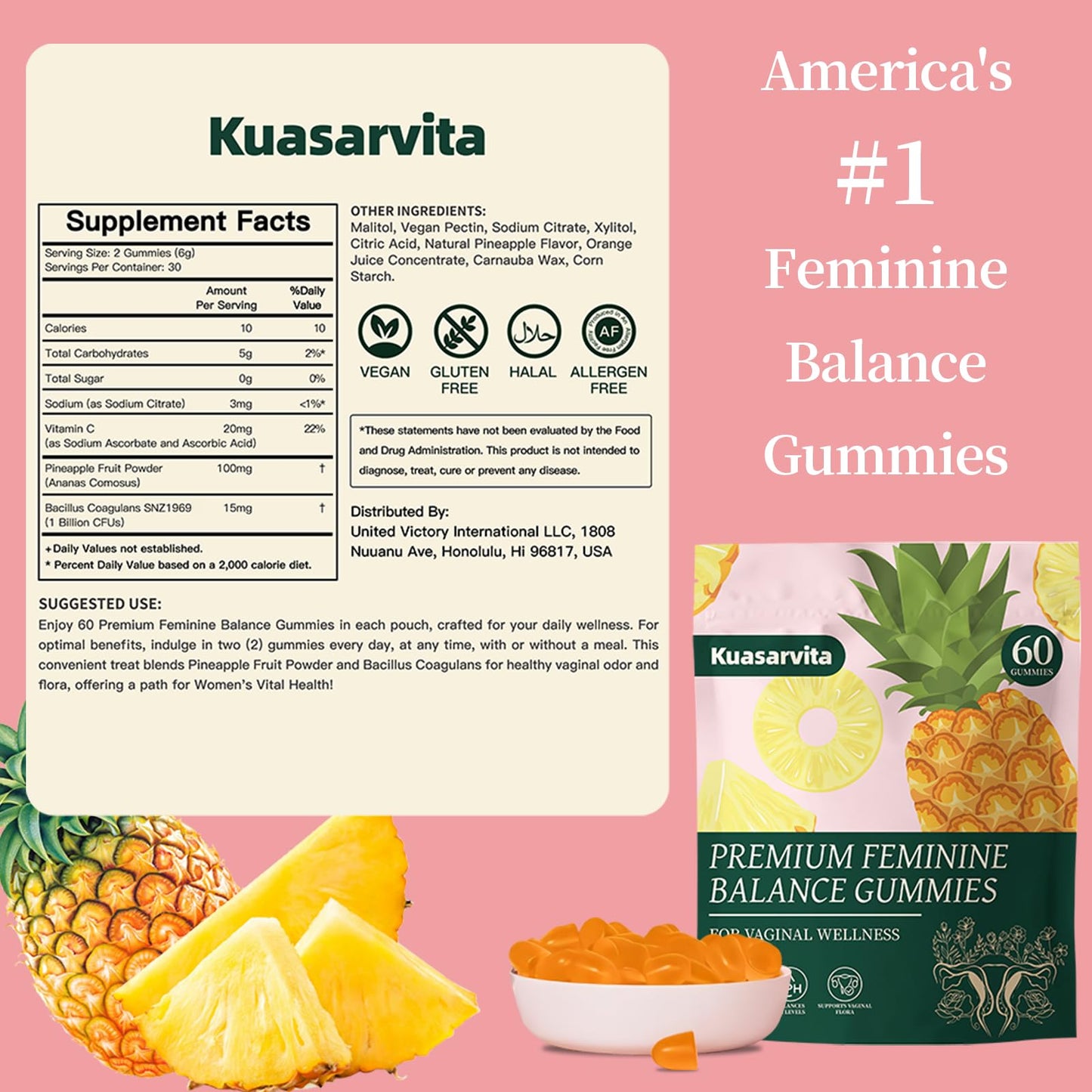Kuasarvita Premium Feminine Balance Gummy Probiotics for Prenatal & Postnatal Women, 60 Count