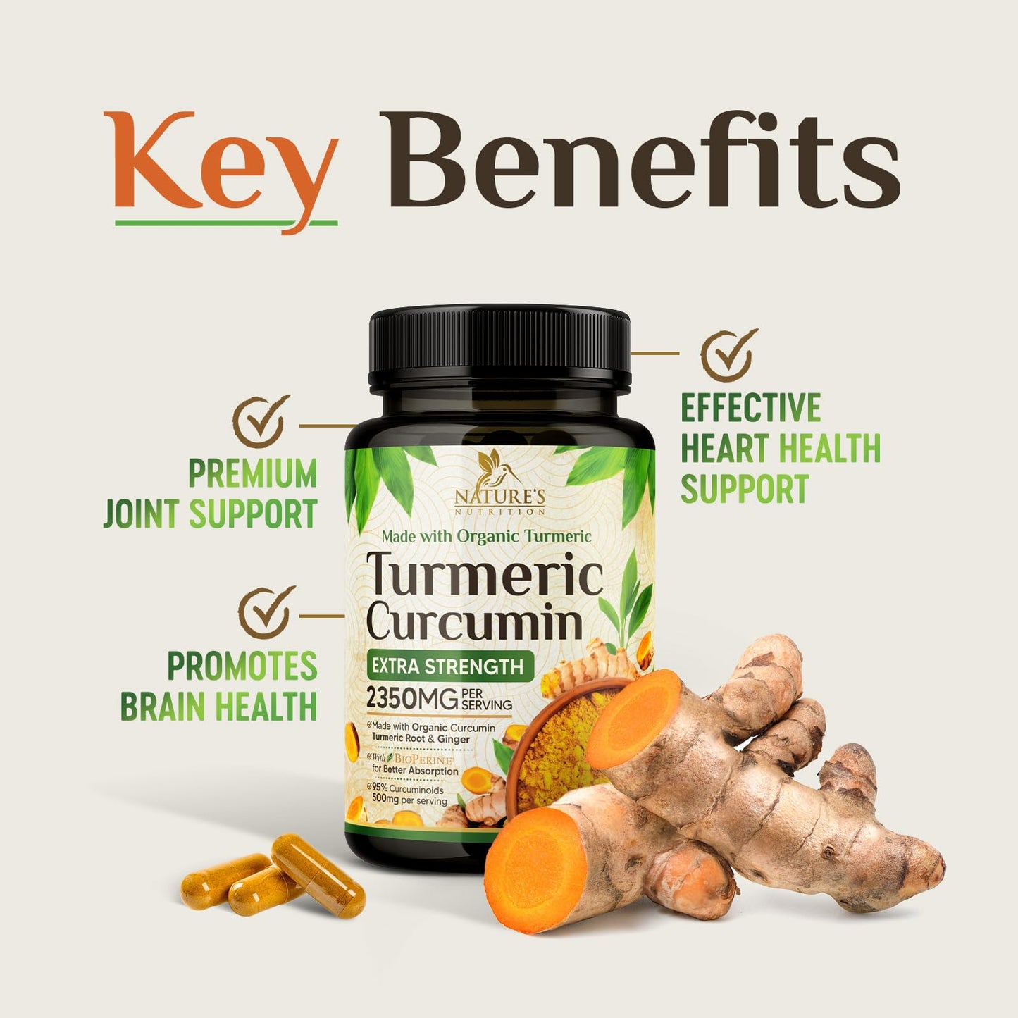 Nature's Nutrition Turmeric Curcumin Supplement 2350mg - 95% Curcuminoids with Organic Turmeric & Ginger, BioPerine Black Pepper for Absorption, Vegan Joint Support, Non-GMO, 360 Capsules