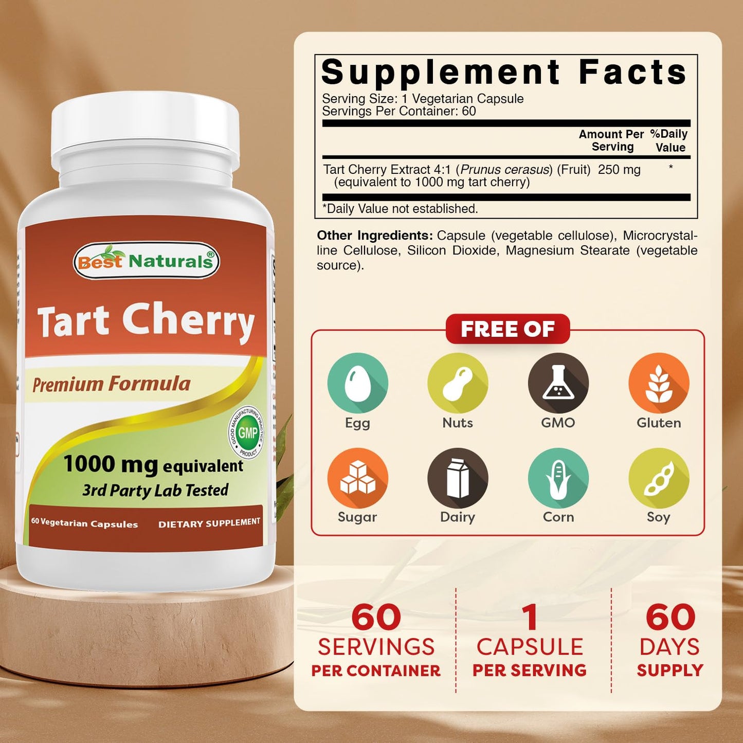 Best Naturals Tart Cherry Extract 1000 mg Capsules 60 Count