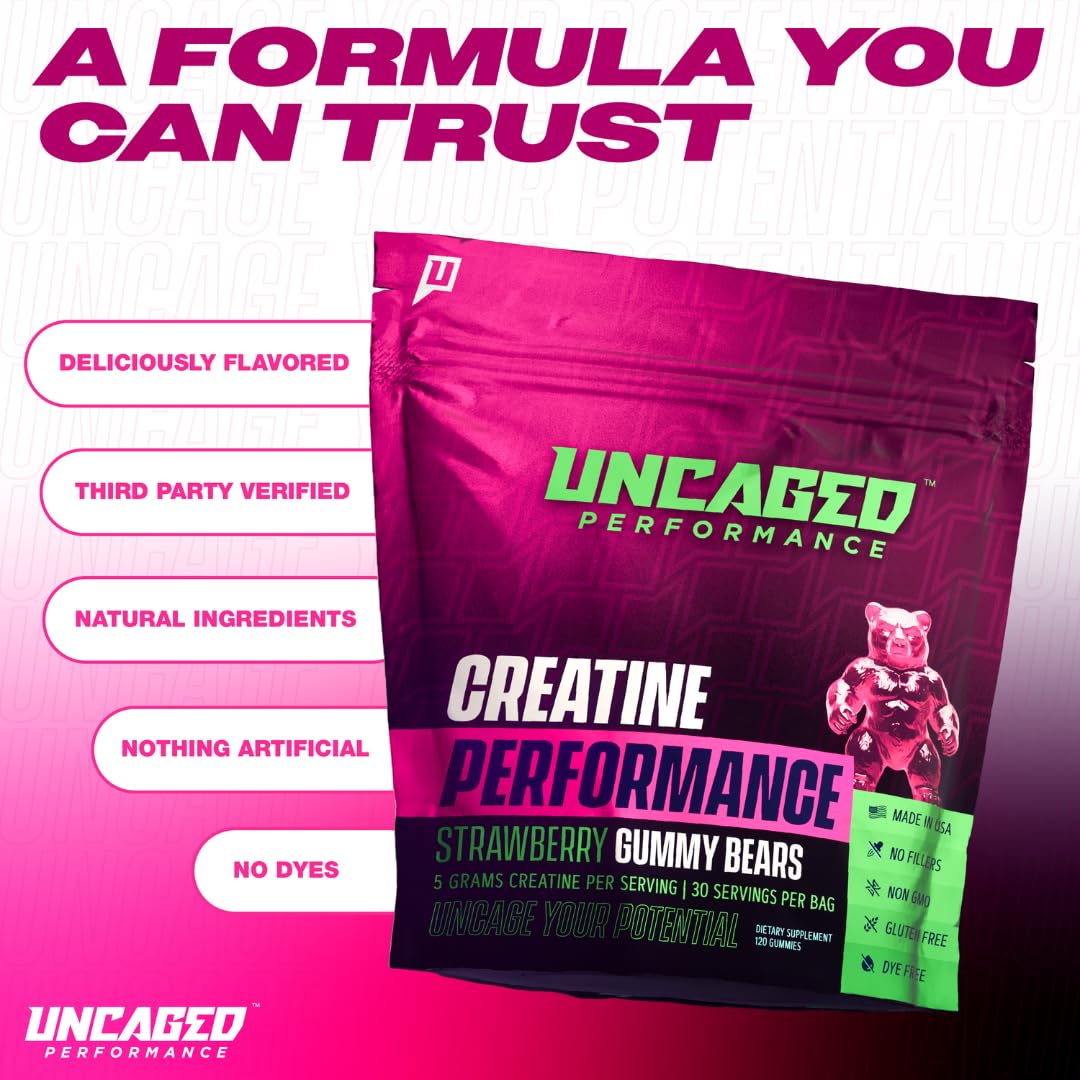 Uncaged Performance Creatine Monohydrate Gummies 5g with Prebiotic Fiber, 120 Count