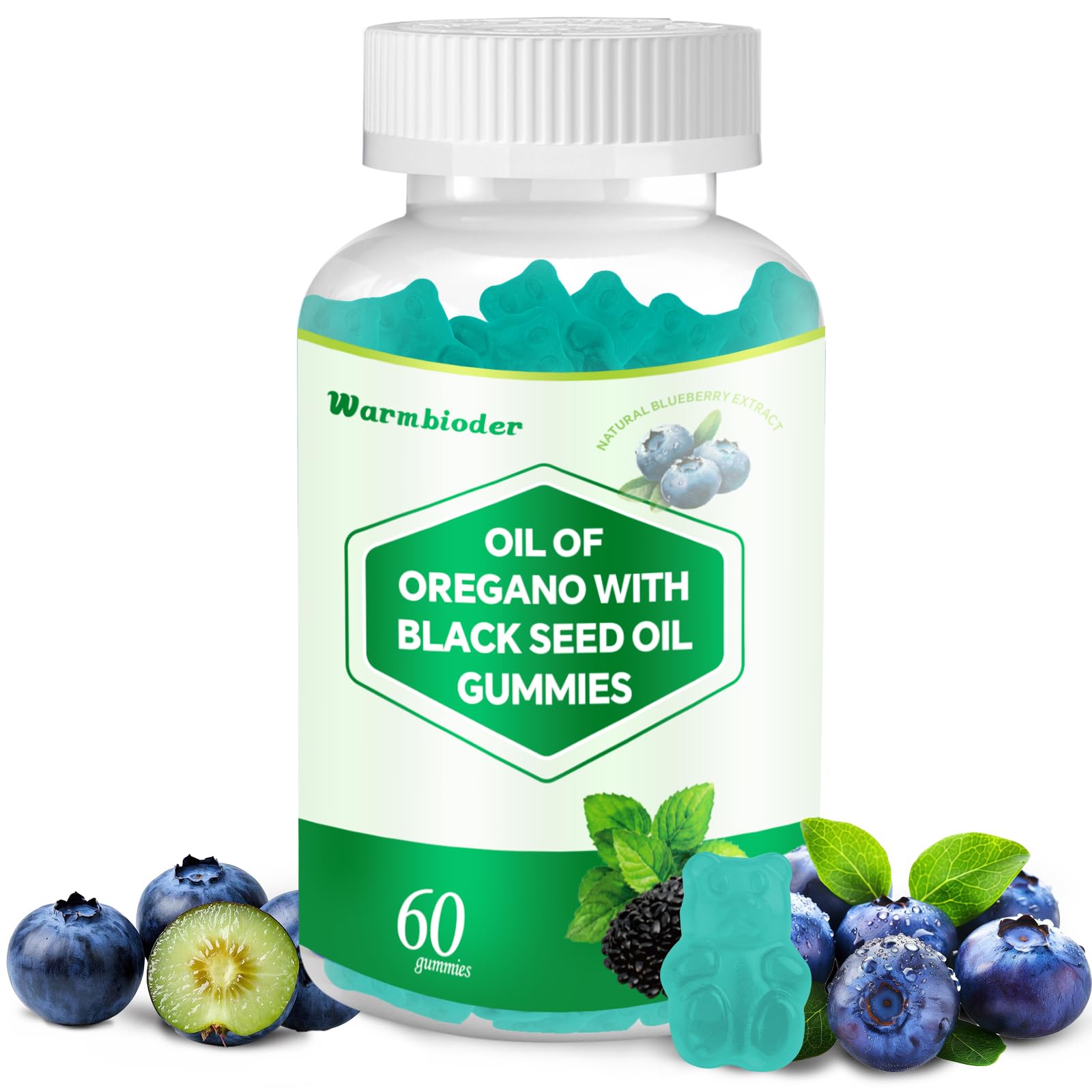 Warmbioder Oil of Oregano Gummies with Black Seed Oil, Vitamin D3, Oregano Oil Organic High Carvacrol, Immune & Digestive Support, Antioxidant Support, Blueberry Flavor, 60 Gummies