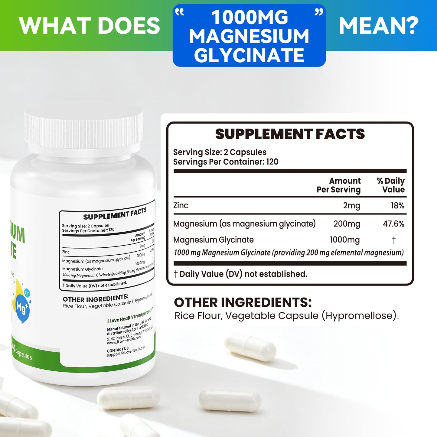 I LOVE HEALTH Magnesium Glycinate – Elemental Magnesium 200mg with Zinc 2mg, 240 Capsules