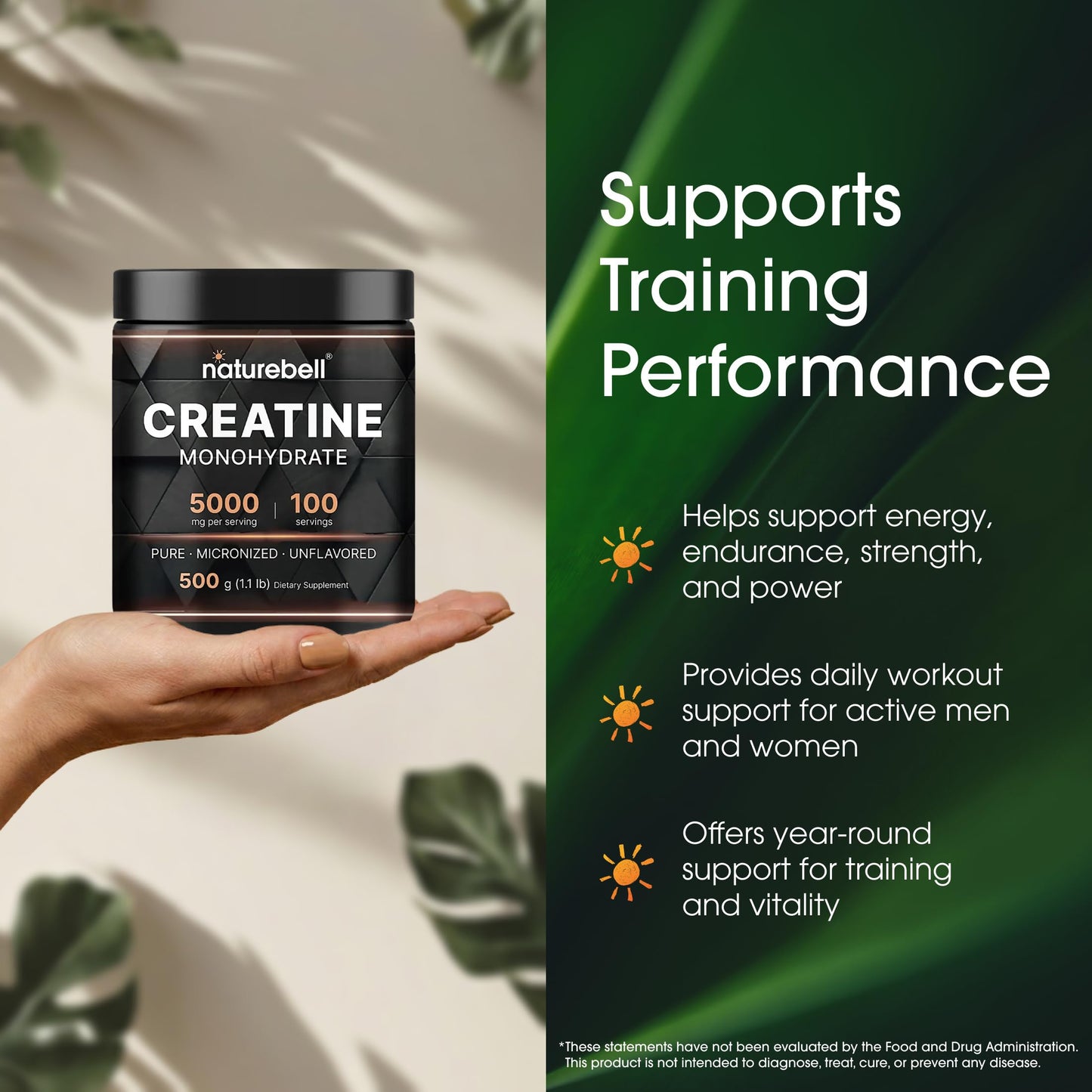 NatureBell Micronized Creatine Monohydrate Powder 5000mg Creatine, Unflavored, Easy-to-Mix, Pre & Post Workout Support, Vegan, Keto Friendly, 1.1 Pound
