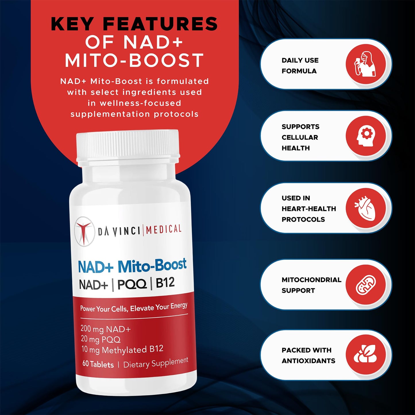 Da Vinci Medical NAD+ Mito Boost Supplement with PQQ & B12, Cellular Coenzyme Formula 1 Tablet