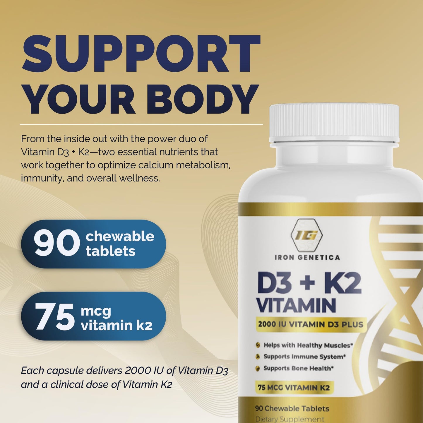 Iron Genetica Vitamin D3 + K2 (MK-7) Chewable 90 Count