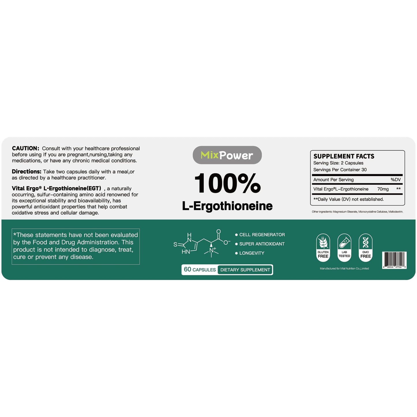 MixPower L-Ergothioneine (EGT) 70mg Capsules, 60 Count