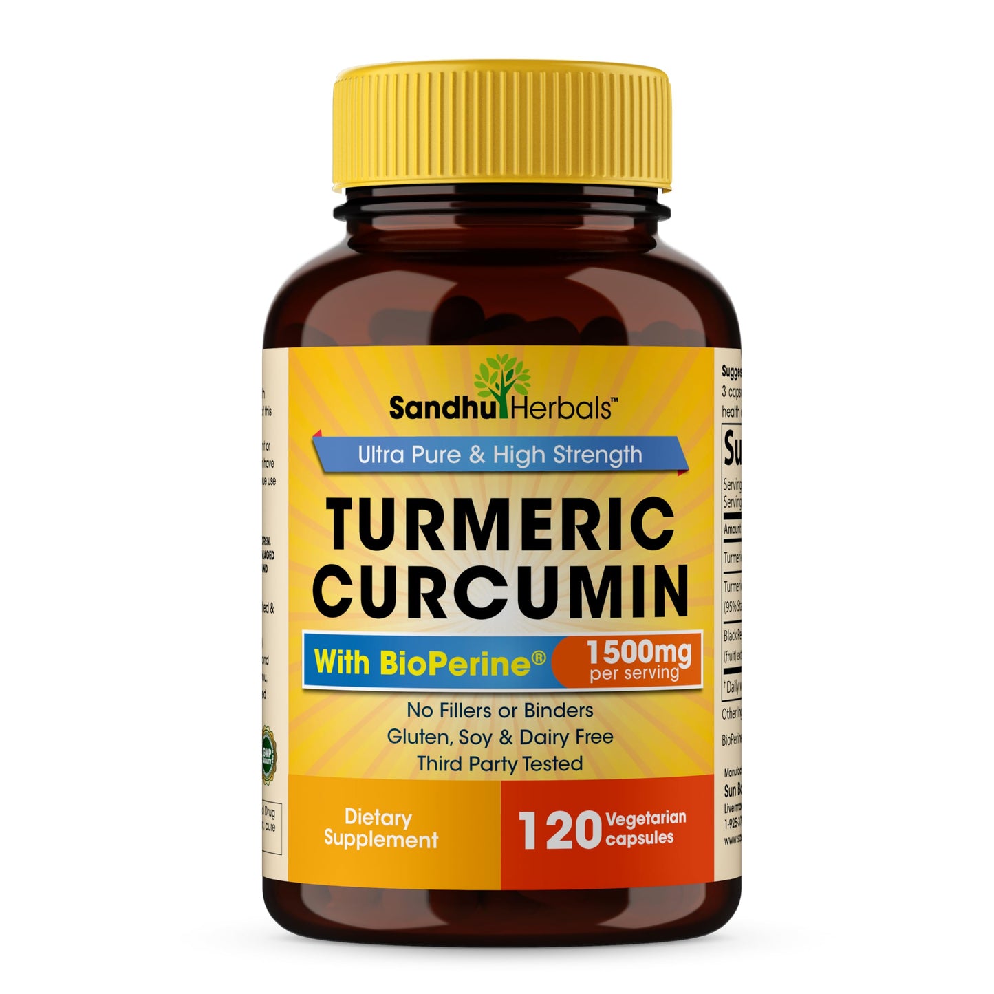 SANDHUHERBALS Organic Turmeric Curcumin 1500mg with Bioperine Black Pepper Extract, 95% Curcuminoids Immune Support, 120 Capsules
