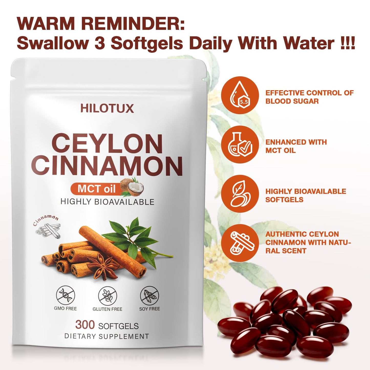 HILOTUX Ceylon Cinnamon Softgels with MCT Oil, 300 Count