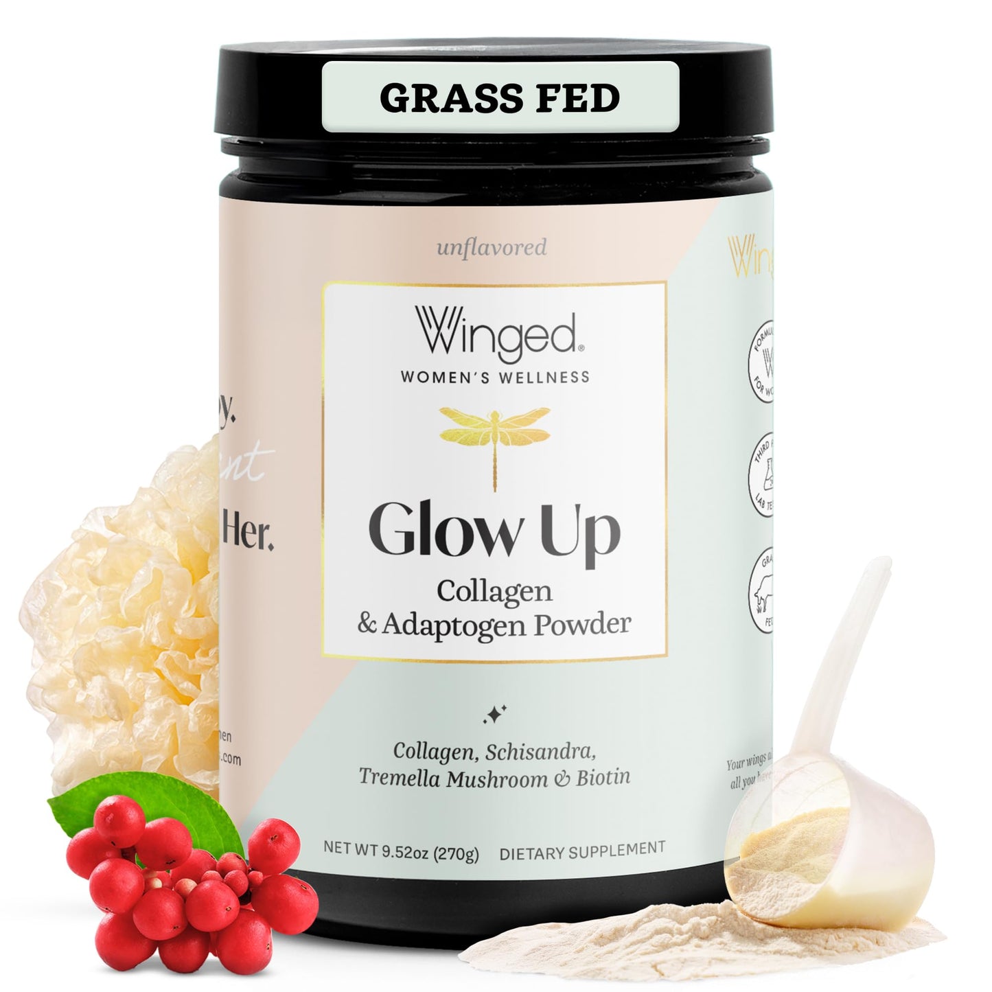 Winged Wellness Glow Up Collagen Powder for Women - Hair, Skin & Nails Beauty Supplement with Grass-Fed Hydrolyzed Collagen Peptides Adaptogens, Vitamin C & Biotin - 9.7 oz