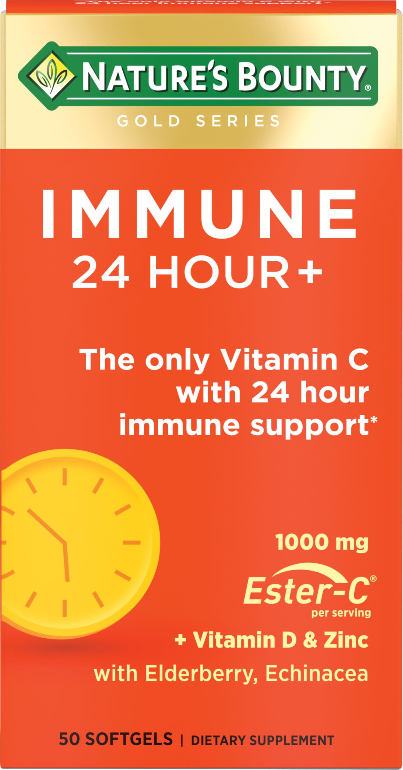 Nature's Bounty Immune 24 Hour + Ester-C Vitamin C 1000 mg with D & Zinc, Gluten Free, Rapid Release Softgels, 50 Count