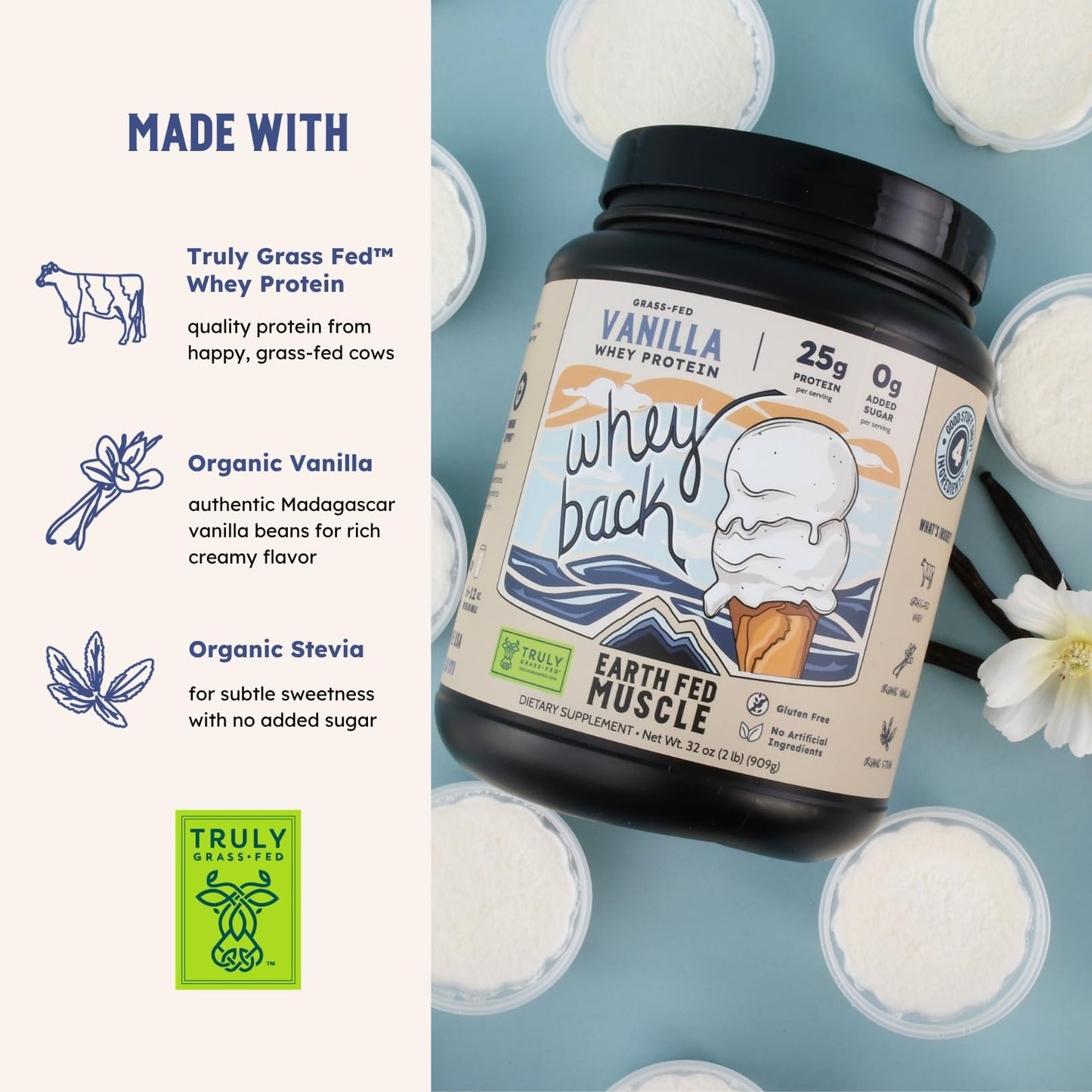 Earth Fed Muscle Whey Protein Isolate Powder Vanilla Irish Grass Fed 32