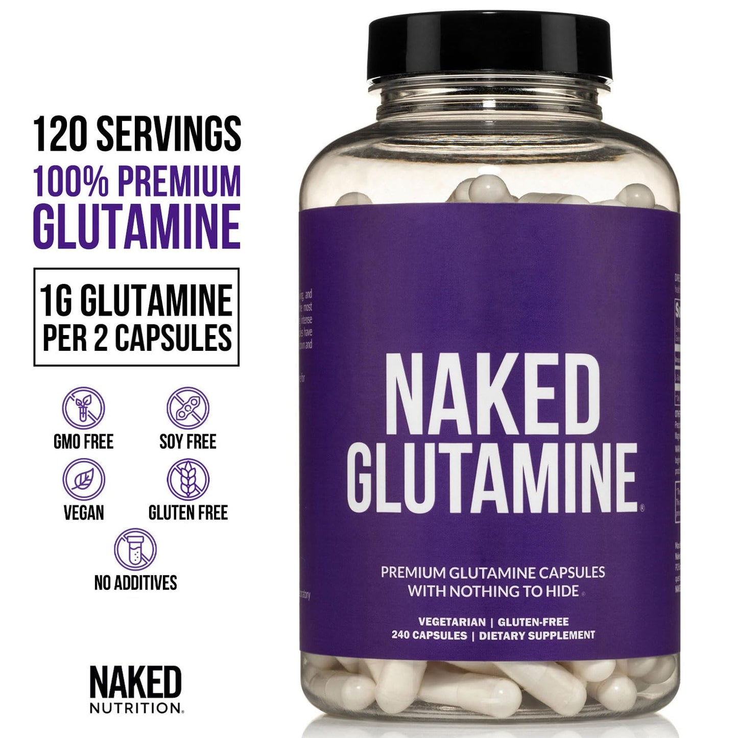 NAKED Vegan Energizing Muscle Recovery Bundle: Naked Citrus Energy and 240 L-Glutamine Capsules, 1000mg