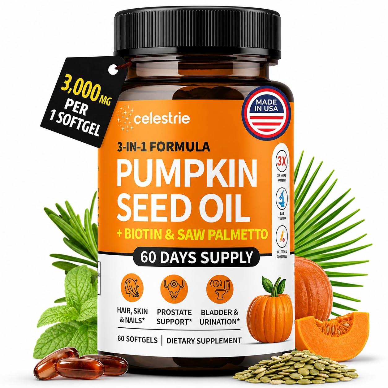 Celestrie 3-in-1 Pumpkin Seed Oil with Saw Palmetto + Biotin Softgels, 60 Count