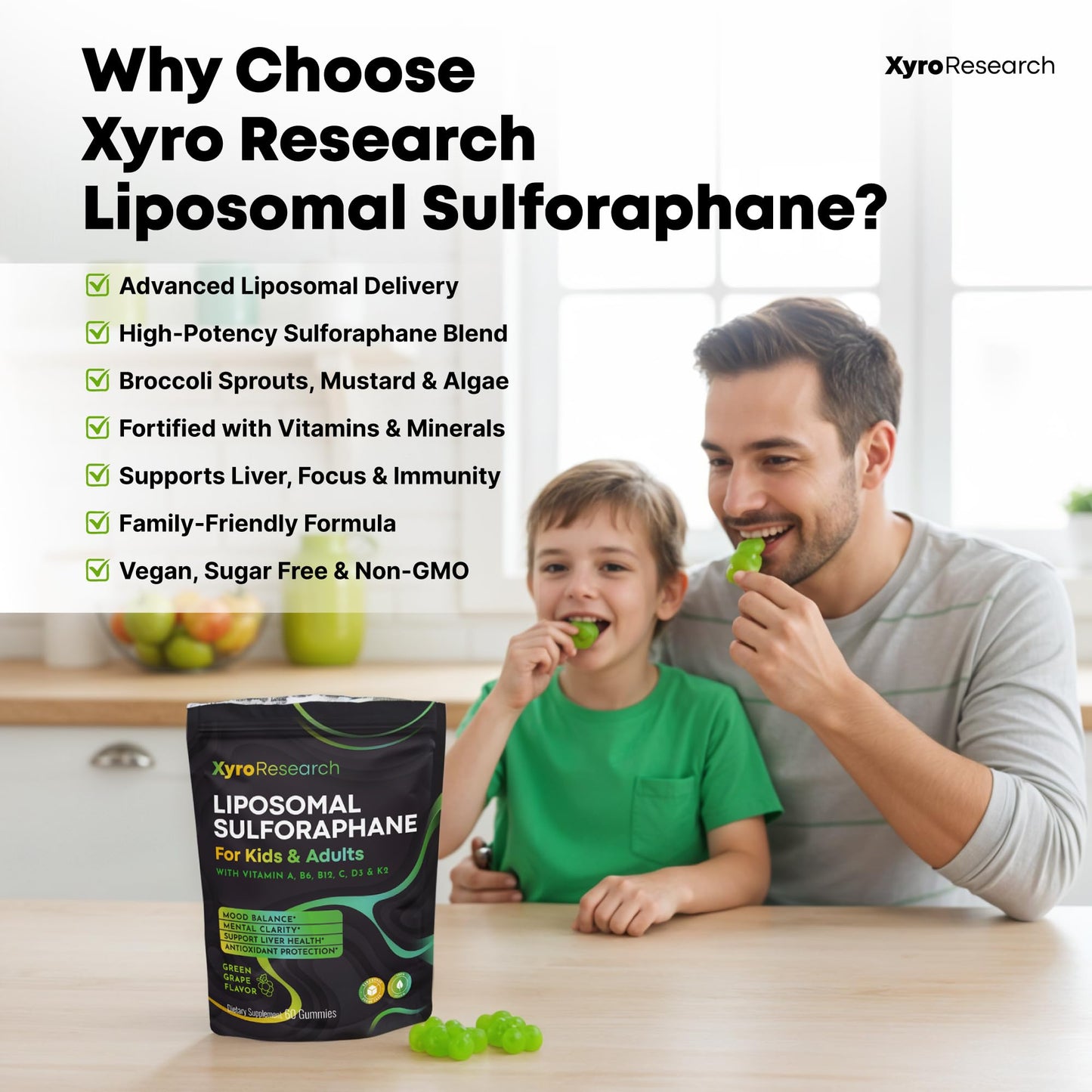 Xyro Research Liposomal Sulforaphane Gummies - 150mg Broccoli Sprout Extract with Vitamins for Kids & Adults - Antioxidant Cellular Health & Liver Detox Support - Non-GMO, Vegan, Sugar-Free, 60 Gummies