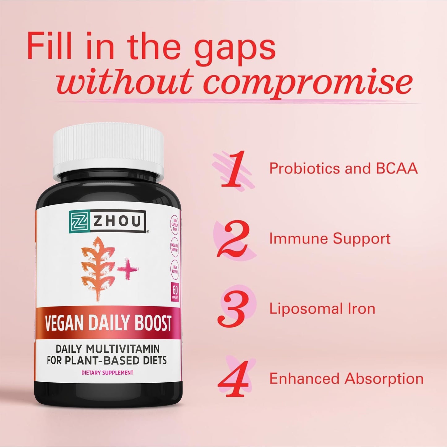 ZHOU Vegan Multivitamin for Women & Men, Capsules, 60 Count