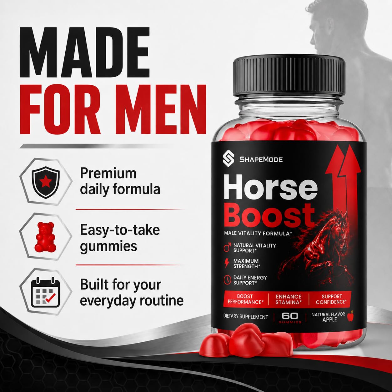 SHAPEMODE Horse Boost Gummies for Men, 60 Count