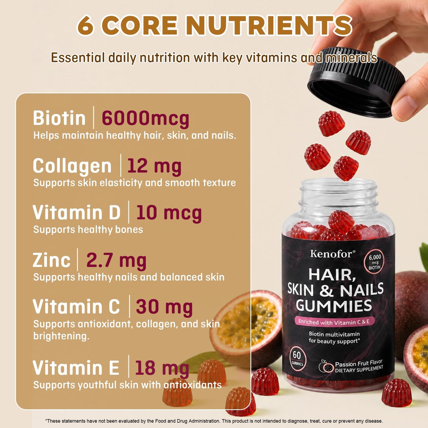Kenofor Hair Skin and Nails Gummies with Biotin (6000 mcg), Zinc, Vitamin A, and Vitamin E, 60 Count