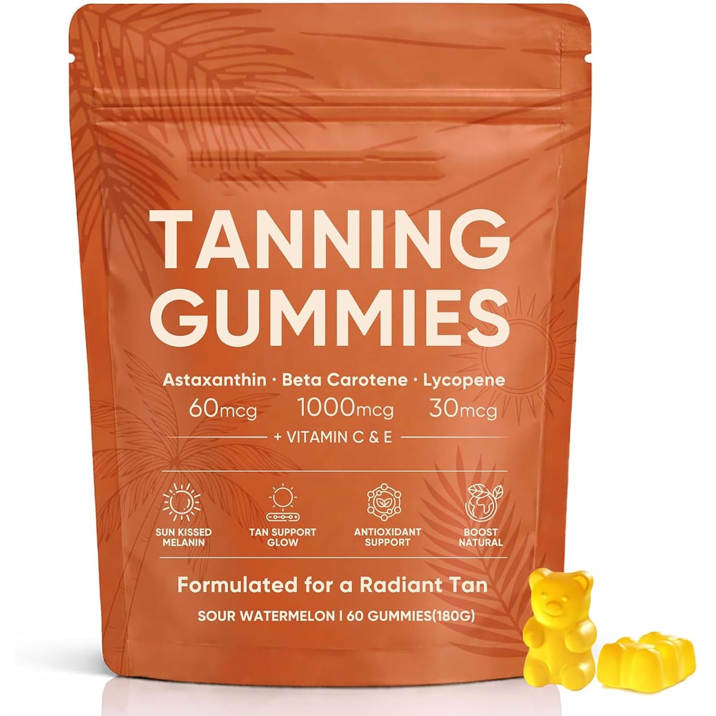 Qbustv Natural Tanning Gummies with Vitamin C & E, Astaxanthin & Beta Carotene for Radiant Glow & Hydration, Non-GMO, Vegan, Sugar-Free, 60 Count