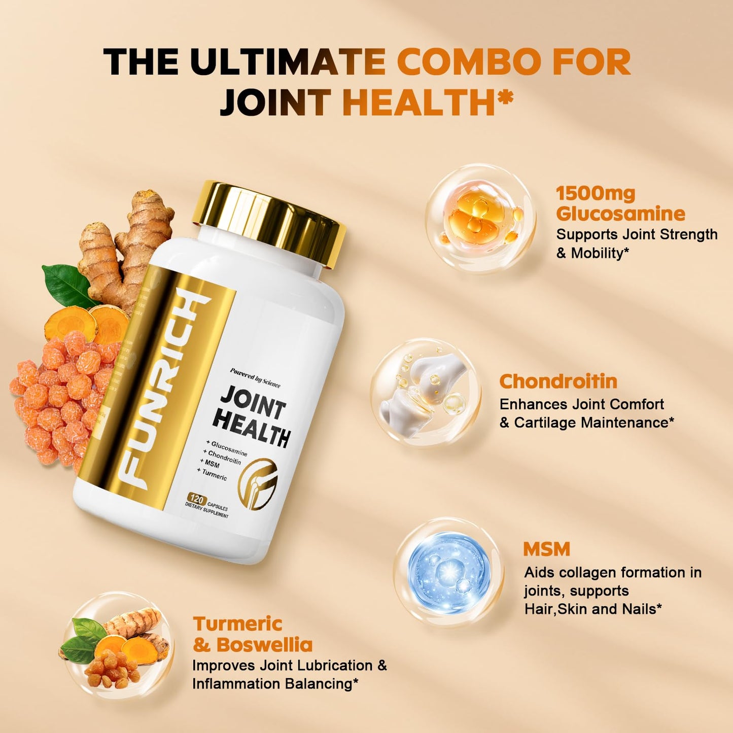 FUNRICH Glucosamine Chondroitin MSM 2100mg Joint Support Supplement with Turmeric & Boswellia Capsules 120