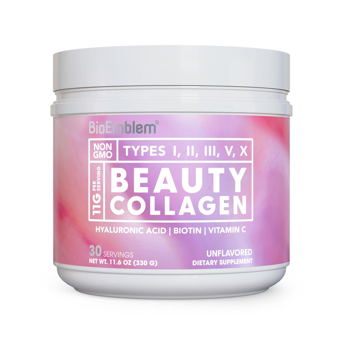 BioEmblem Beauty Collagen - Multi Collagen Complex, Hyaluronic Acid, Vitamin C & Biotin - Bovine, Fish, Chicken Bone Broth & Eggshell Membrane Sources Powder, 11.6 oz