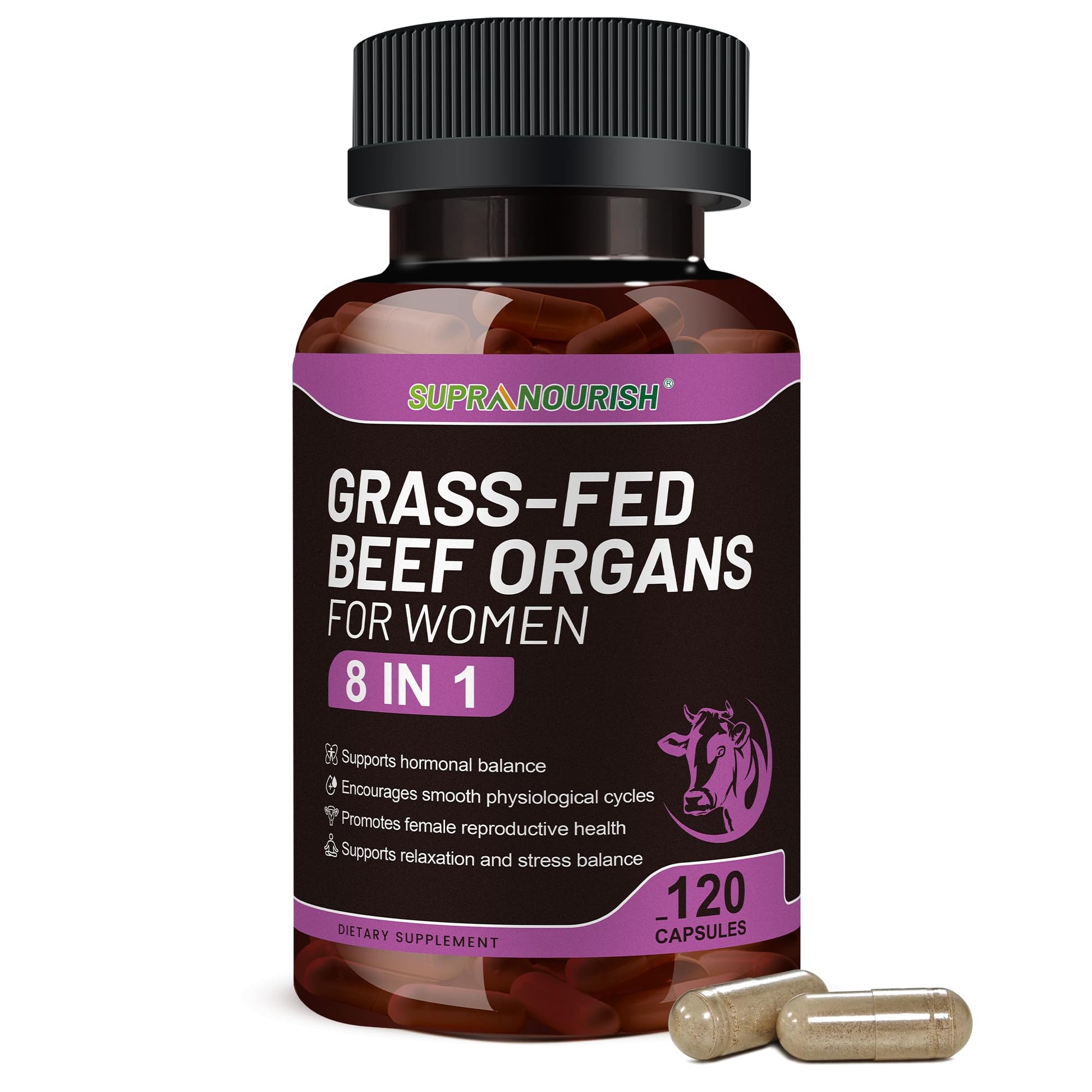 SUPRANOURISH Grass Fed Beef Organs for Women - Liver, Kidney, Heart, Uterus & Ovary Complex with Vitex, Evening Primrose Oil & Ashwagandha, Capsules, 120 Count