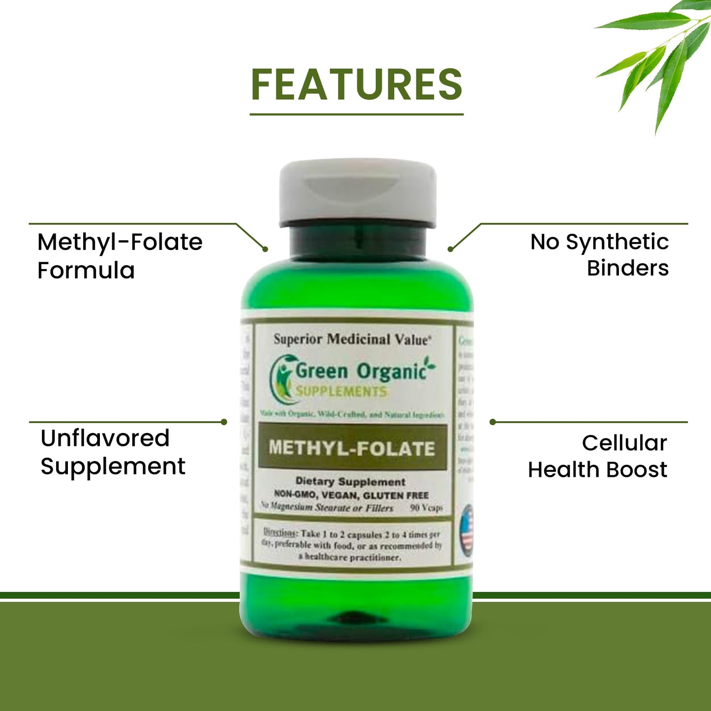 Green Organic Supplements Methyl-Folate, Folic Acid Capsule, 90 Count