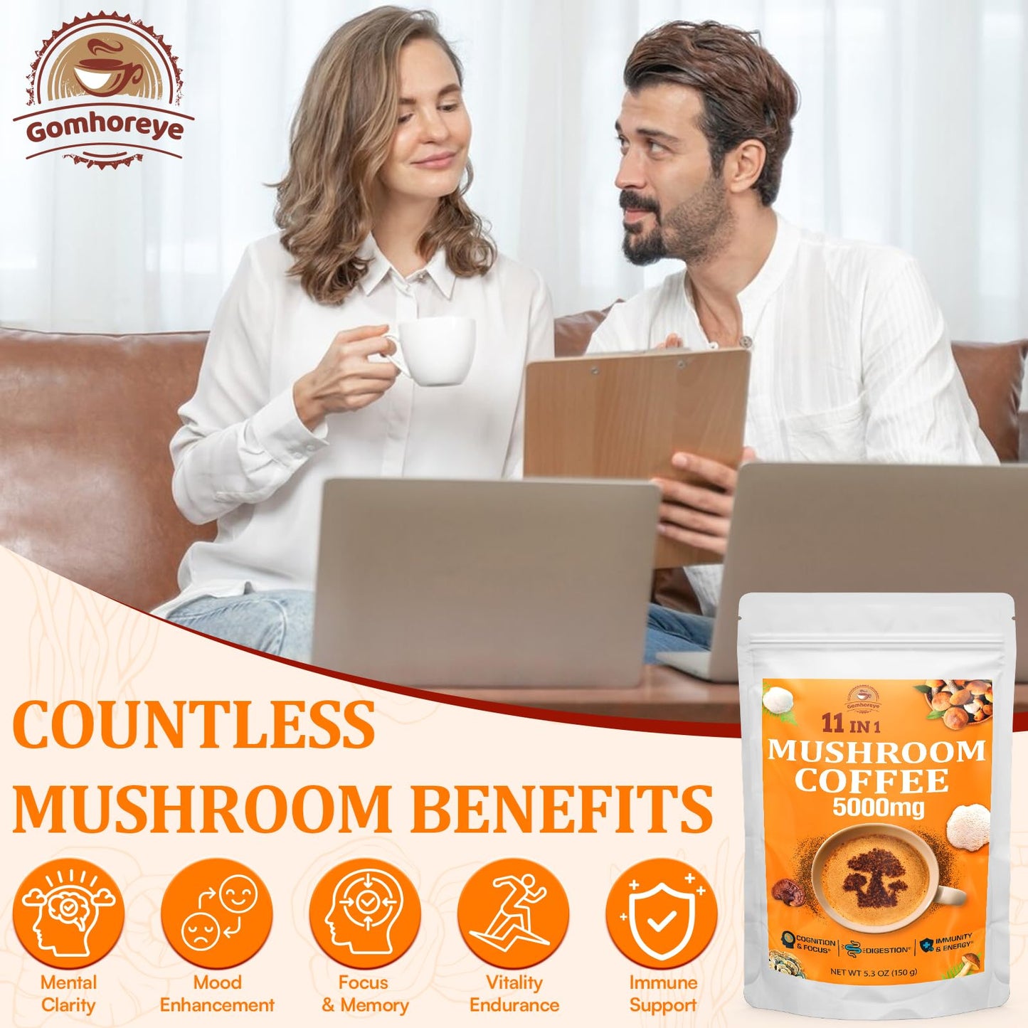 Gomhoreye Mushroom Coffee Organic with 11 Superfood Mushrooms Powder 5.3 oz