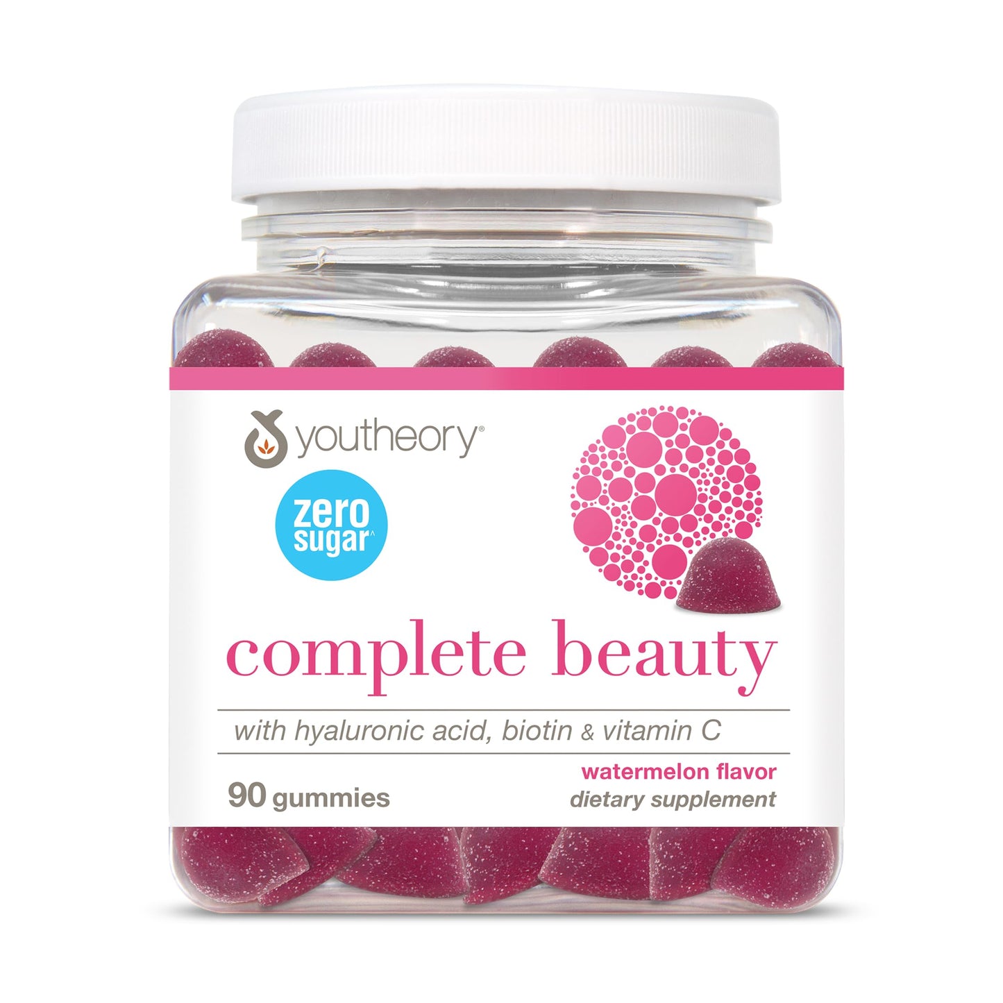 Youtheory Complete Beauty Gummies Watermelon Flavor Featuring Hyaluronic Acid, Biotin & Vitamin C, 90 Count