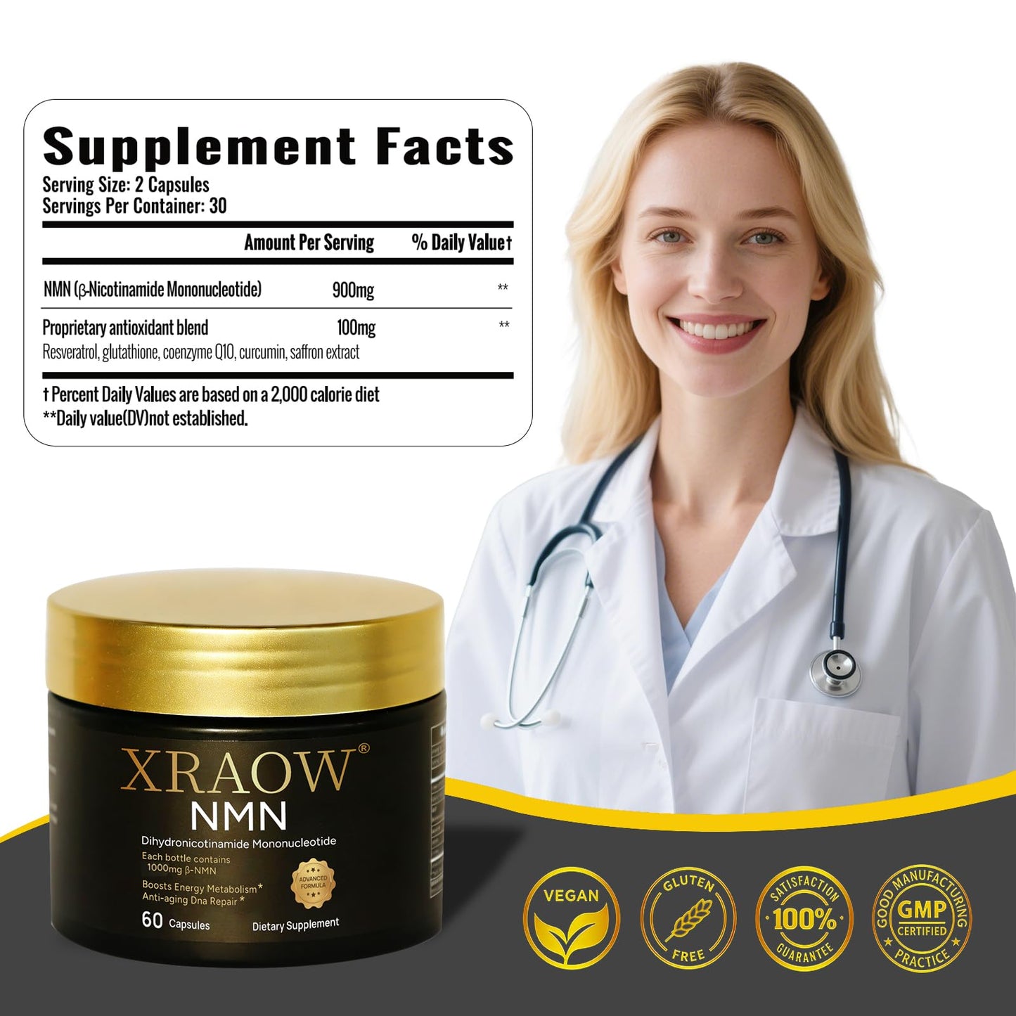 XRAOW NMN Supplement 1000mg Capsule with Resveratrol, CoQ10, Glutathione, Curcumin & Saffron, 60 Count