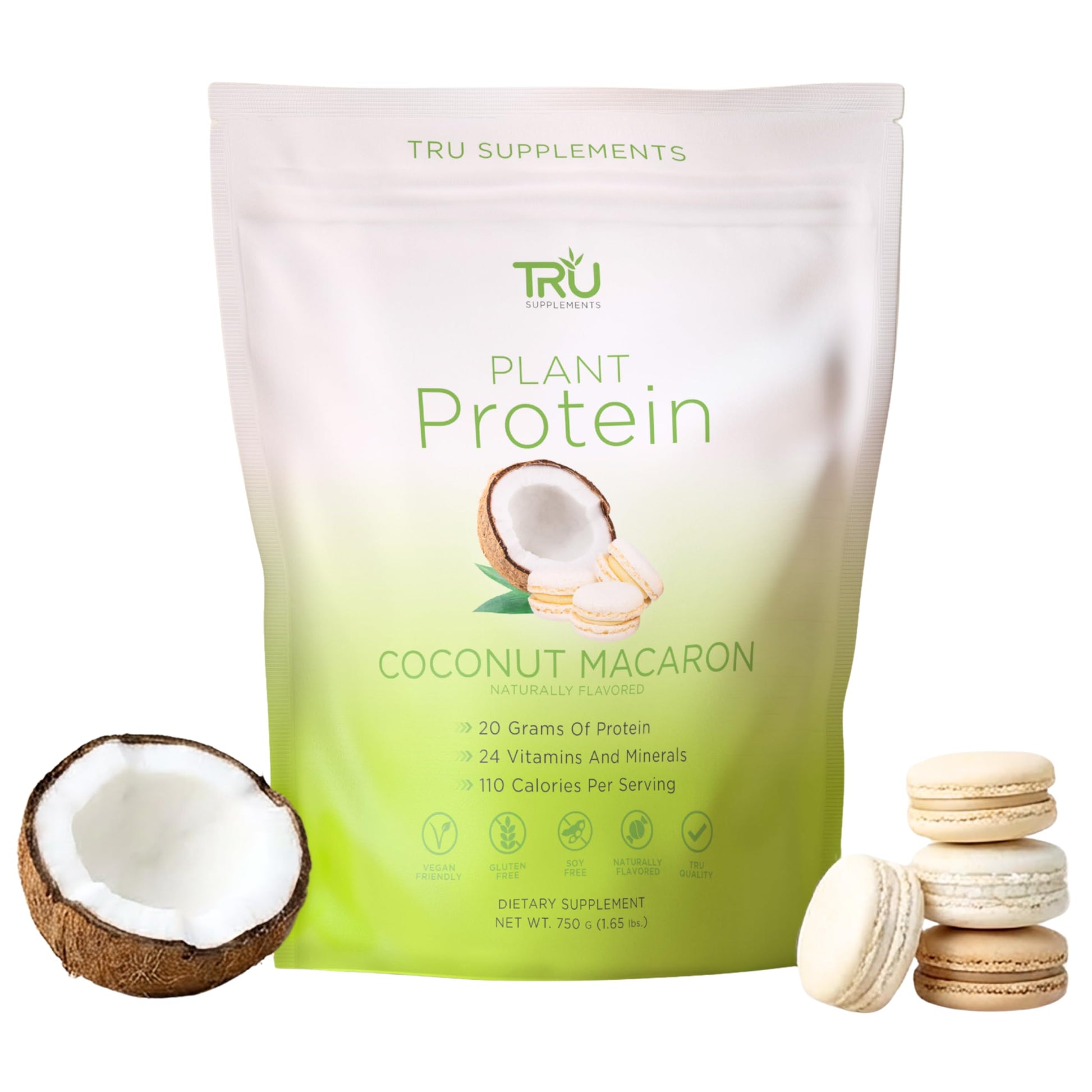 TRU Supplements Plant Based Protein Powder, BCAA & EAA, Vegan Brown Rice & Pea Protein, 25 Servings, 1.65 lb, Coconut Macaron