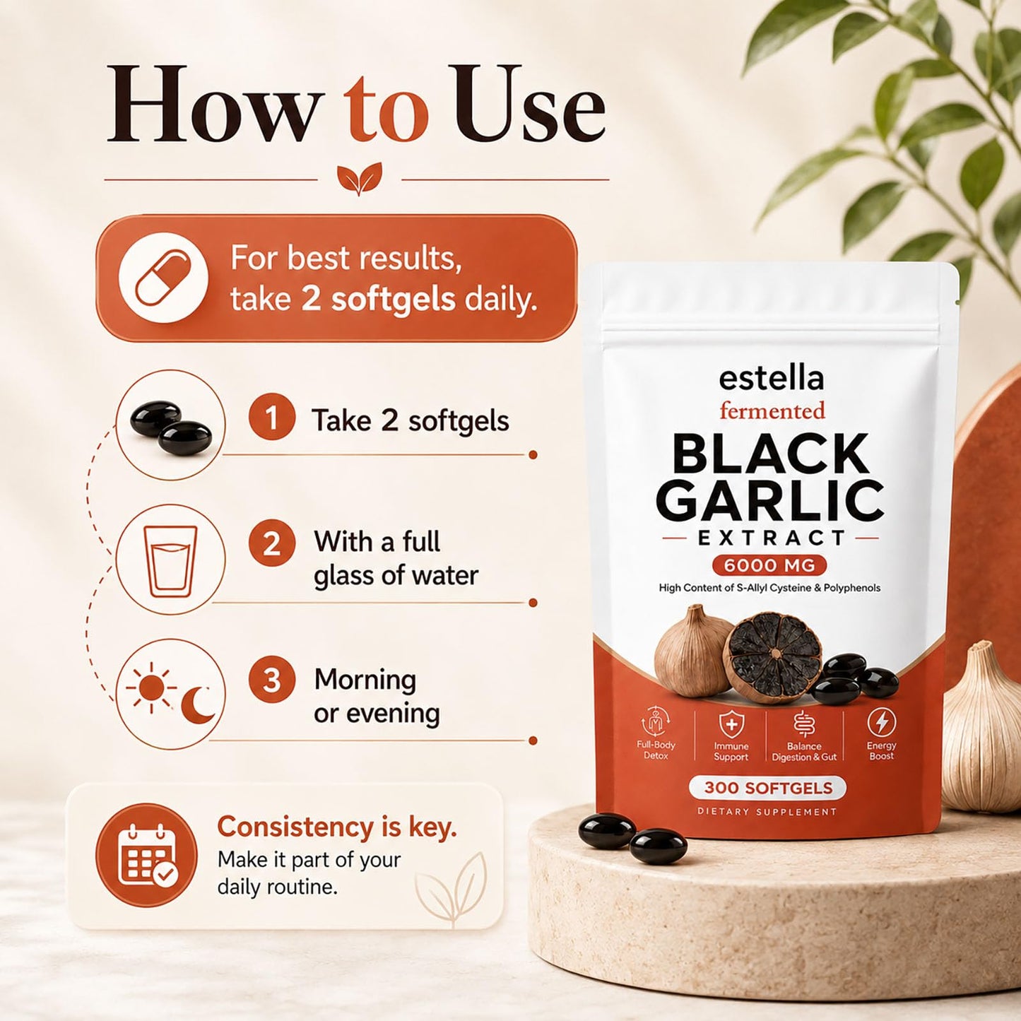 Nitidissima Estella Fermented Black Garlic Extract Tablets, 300 Count