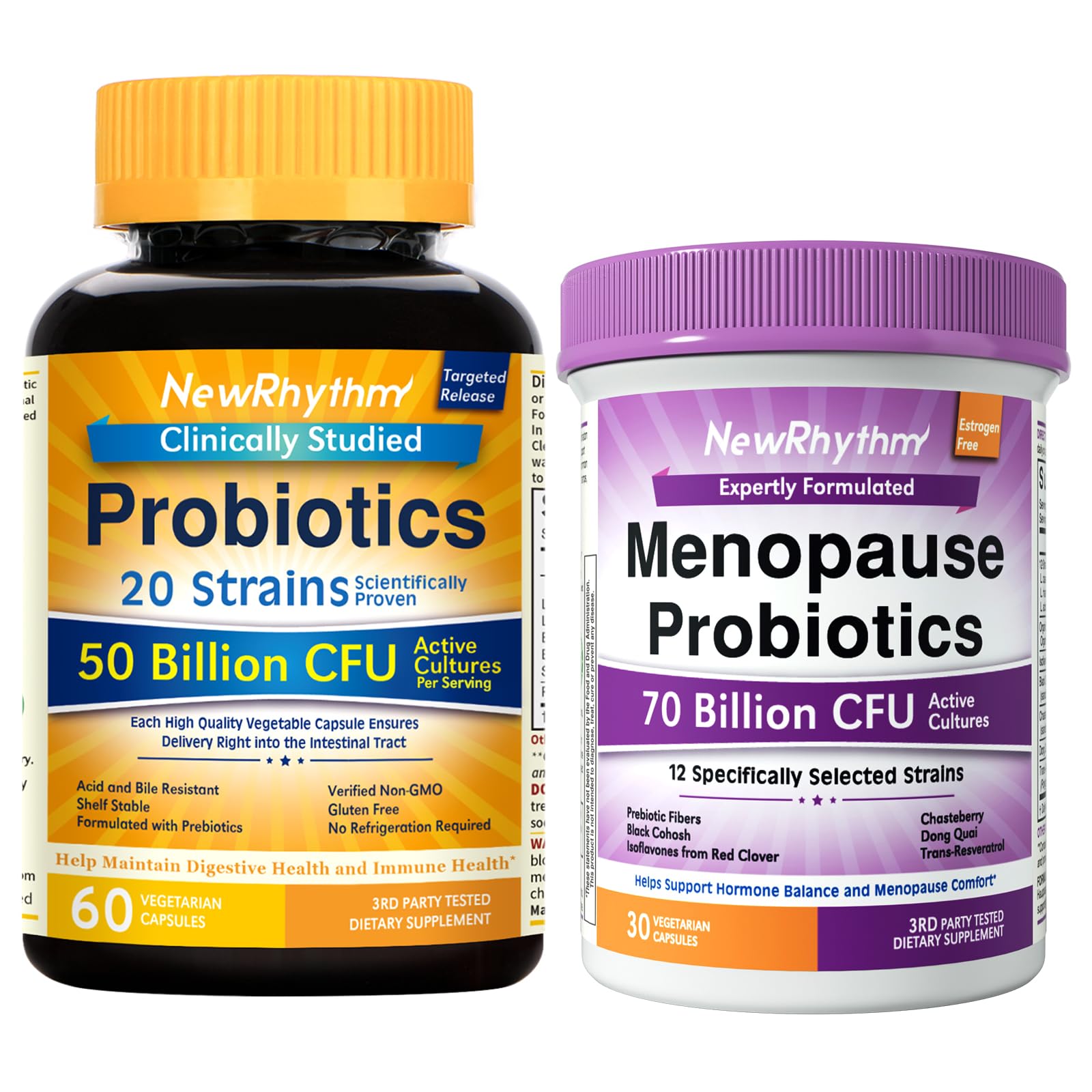 NewRhythm Probiotic Bundle: Complete Digestive Health + Menopause Relief with Black Cohosh, Prebiotics, 20 Strains, Targeted Release Technology, Non-GMO, 90 Capsules