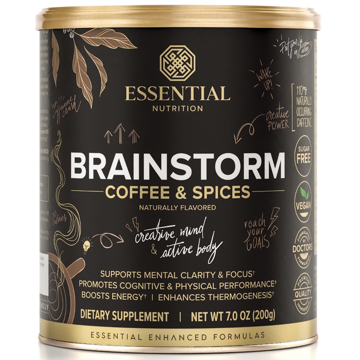 Essential Nutrition Brainstorm Functional Coffee Powder 6.56 oz with L-Theanine, MCT & Vitamins for Clean Energy & Focus – Spiced Cocoa Flavor