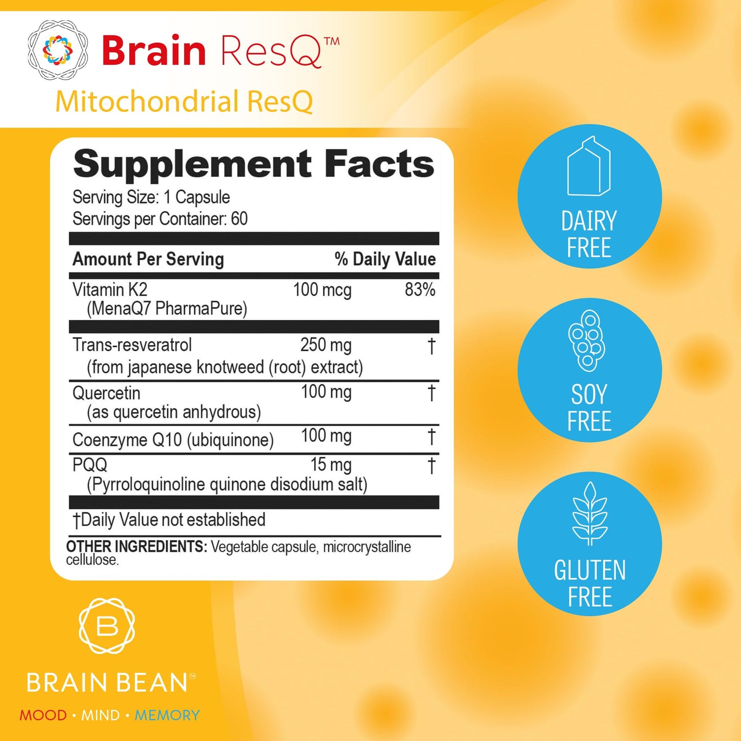Brain Bean Brain ResQ Advanced Mitochondrial Formula with PQQ, CoQ10, Trans Resveratrol, MenaQ7 & Quercetin Supplement 60 Capsules