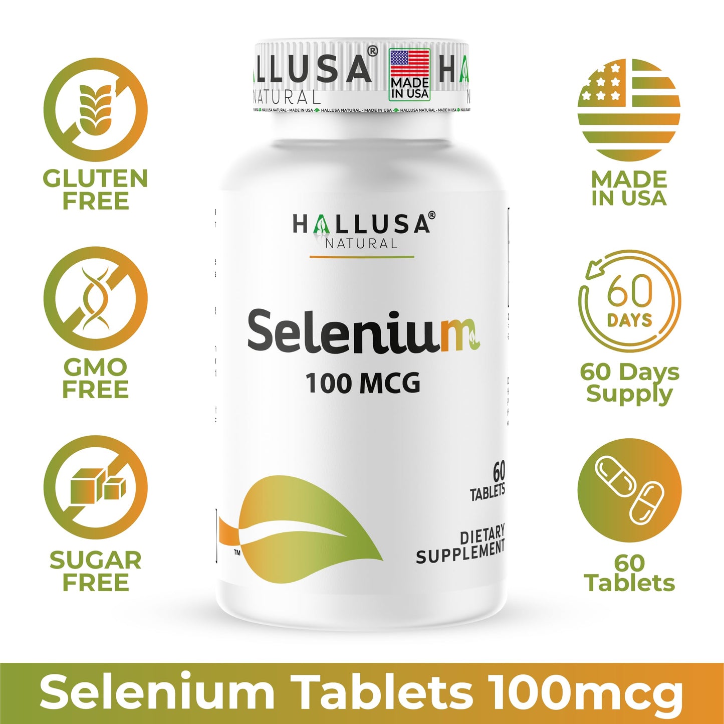 Hallusa Natural Selenium 100 mcg Tablets, 60 Count