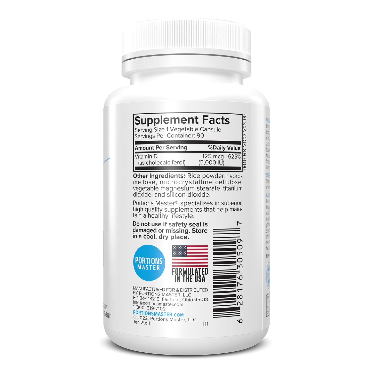 Portions Master Vitamin D3 5000 IU Vegetable Capsules, 90 Count